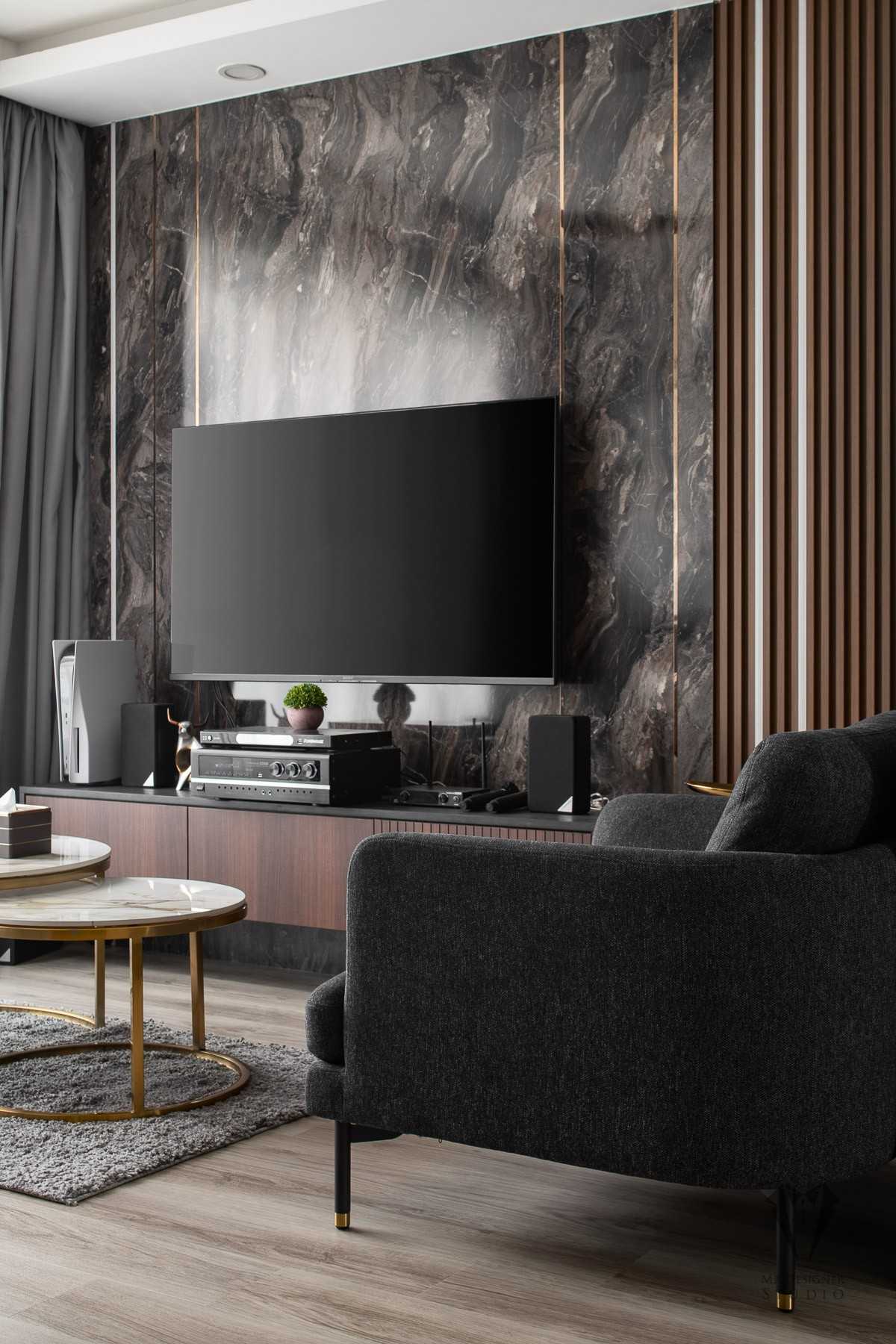 Contemporary Living Room with Vinyl Flooring and Feature Wall