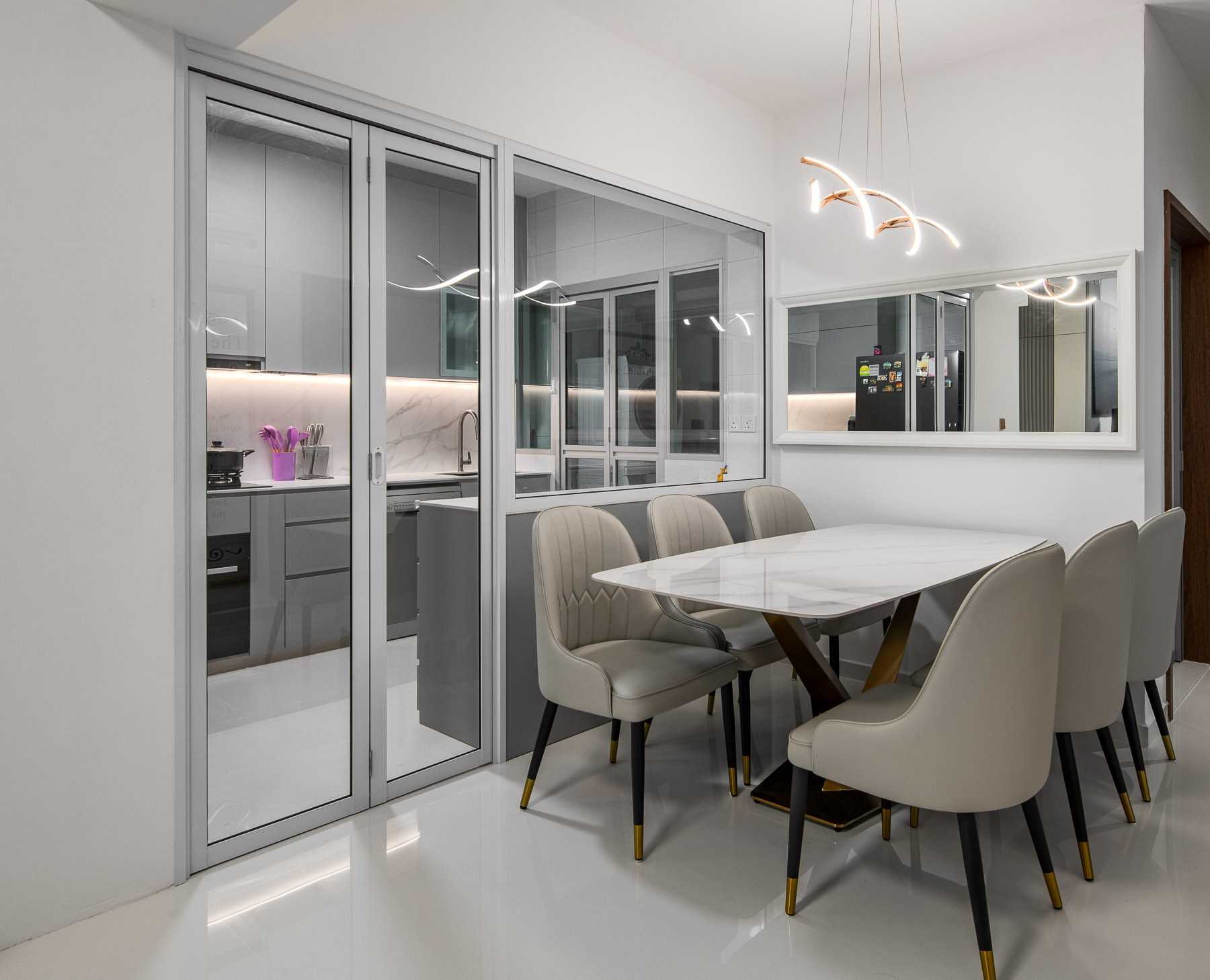 Scandinavian Dining Room with Chandelier and Dining Table