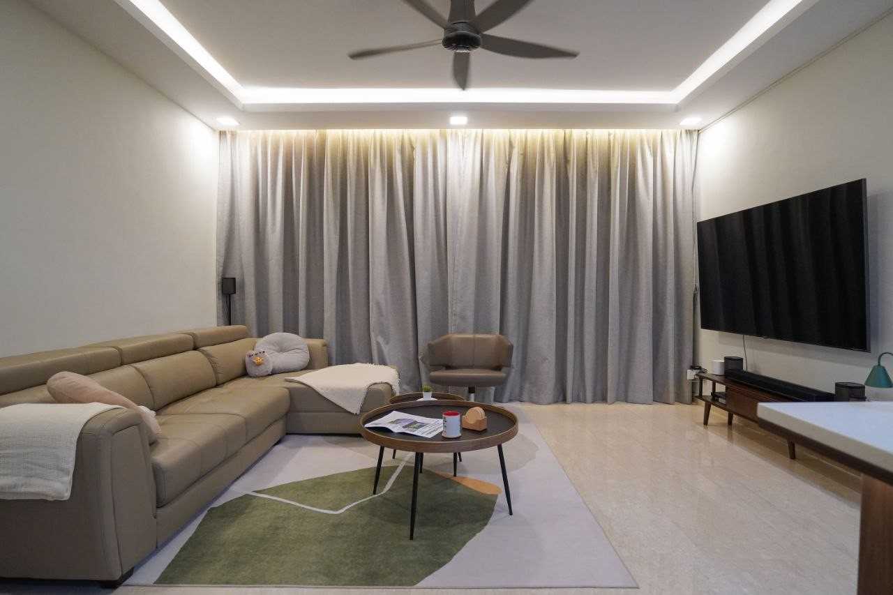 Scandinavian Living Room with Marble Floor and TV Console