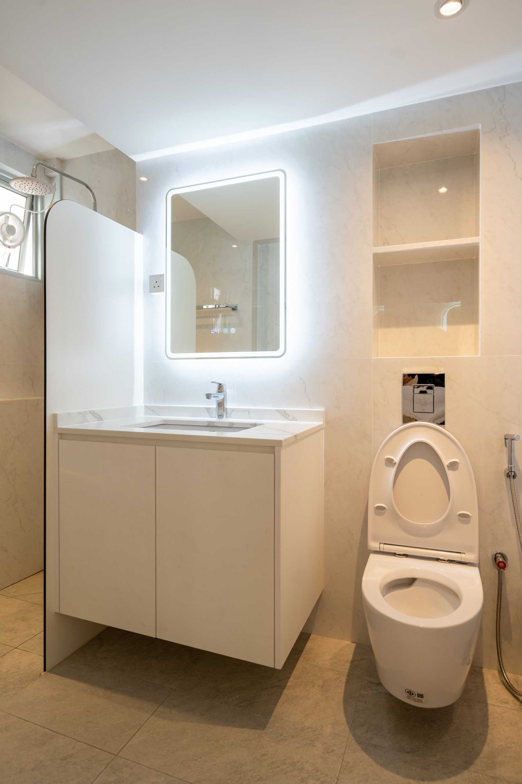 Scandinavian Bathroom with Homogeneous Tiles and Mirror