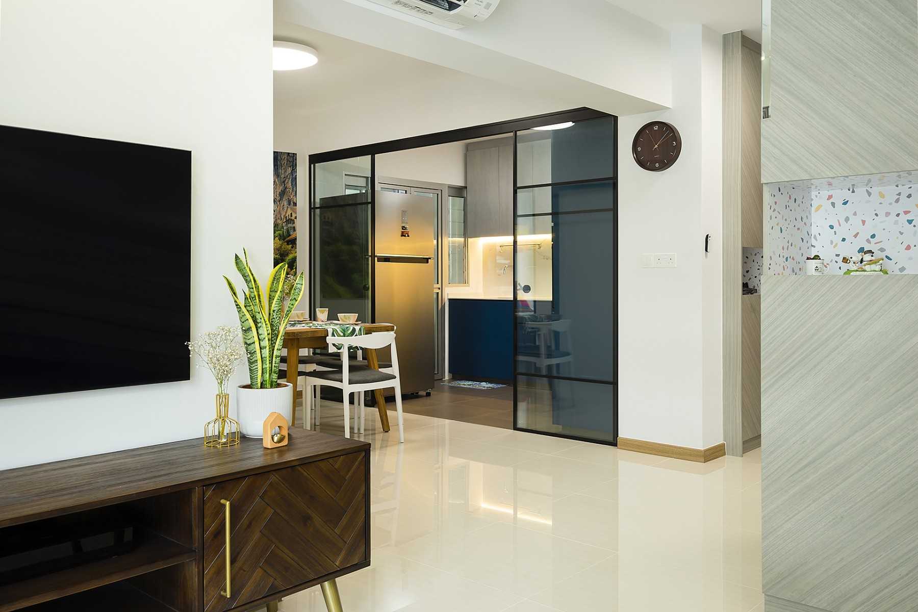 Contemporary Living Room with Homogeneous Tiles and TV Console