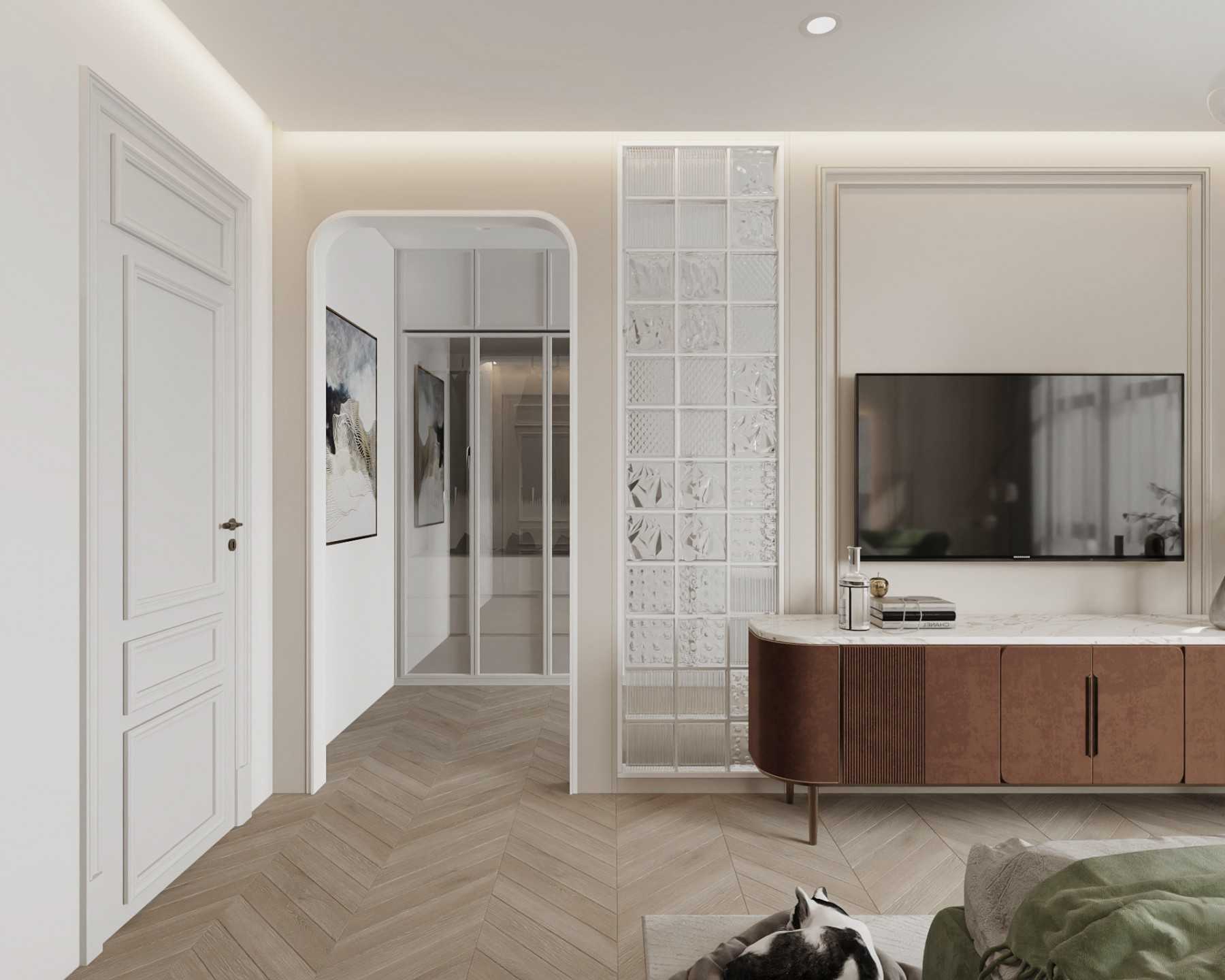 Modern Bedroom with Vinyl Flooring and Herringbone Tiling