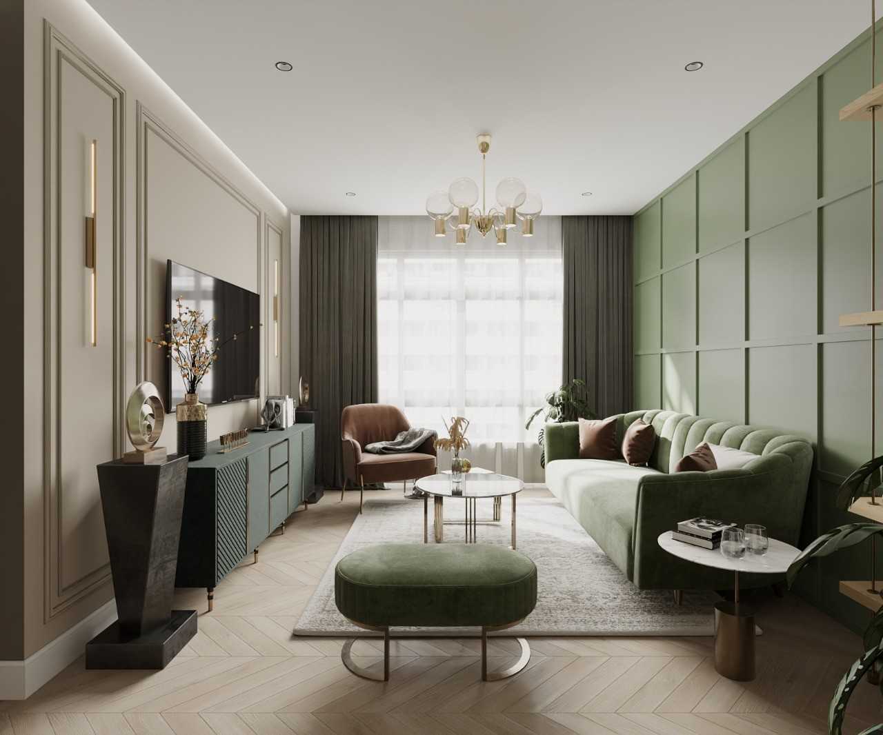 Modern Living Room with Herringbone Tiling and Wood Flooring