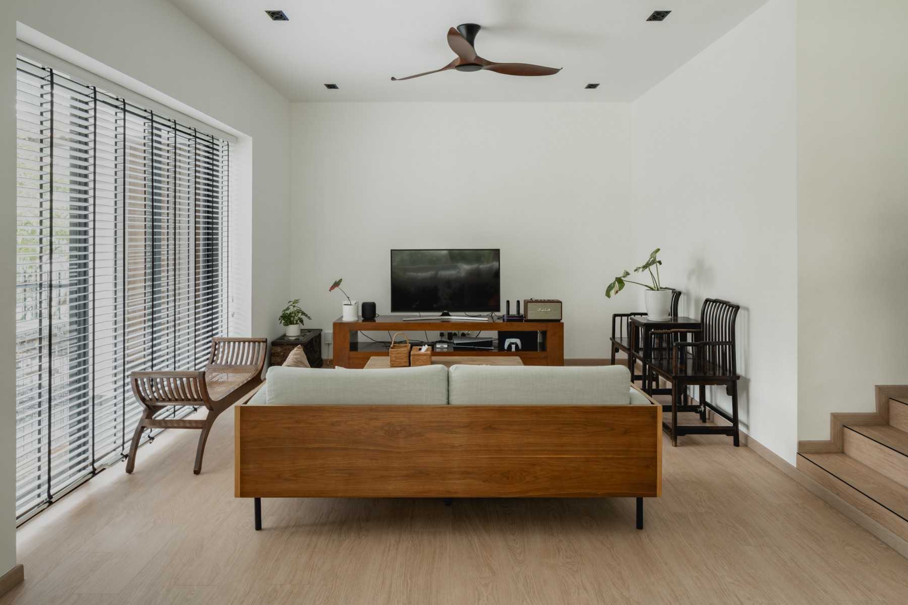 Scandinavian Living Room with TV Console and Ceiling Fan