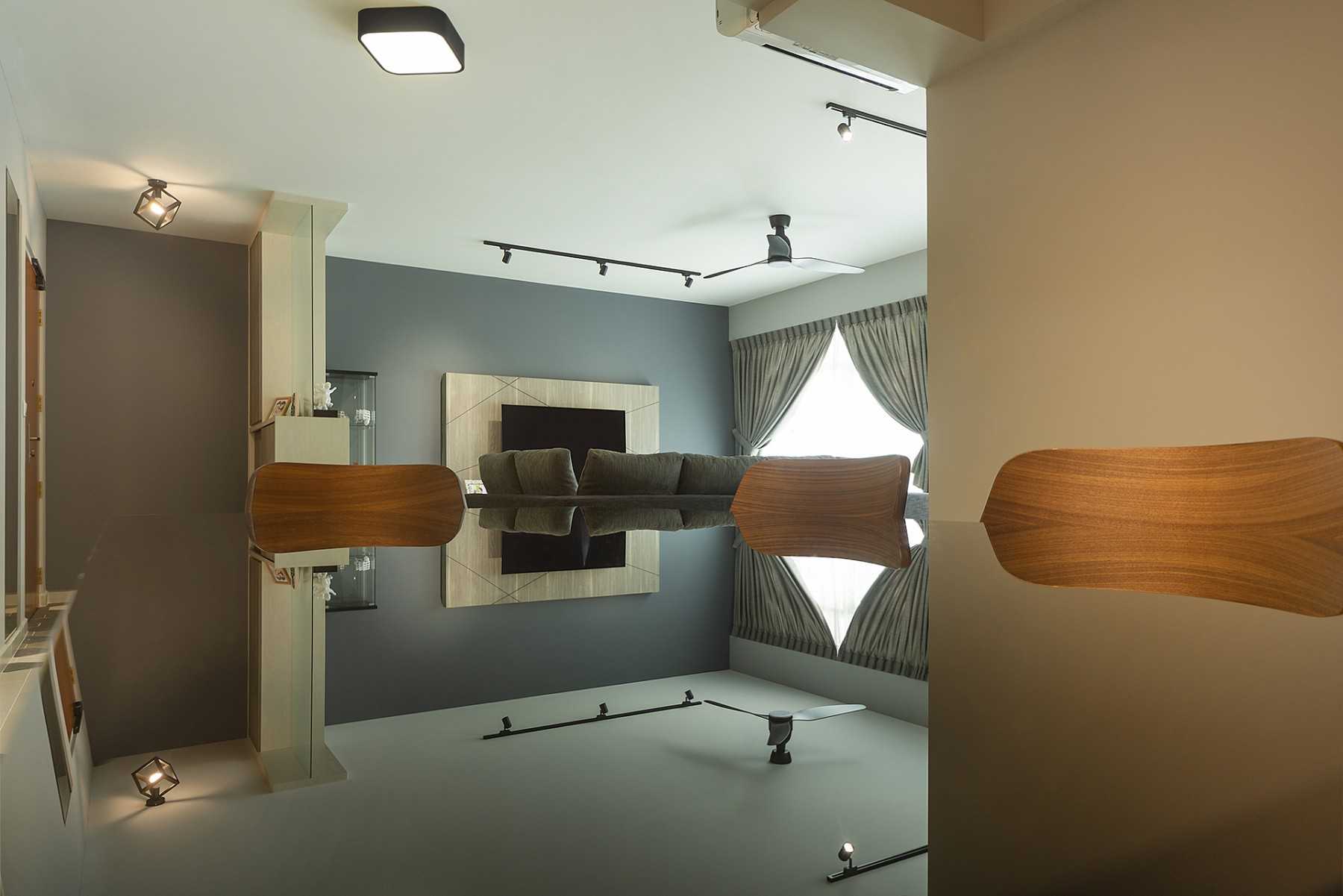 Contemporary Living Room with Homogeneous Tiles and TV Console