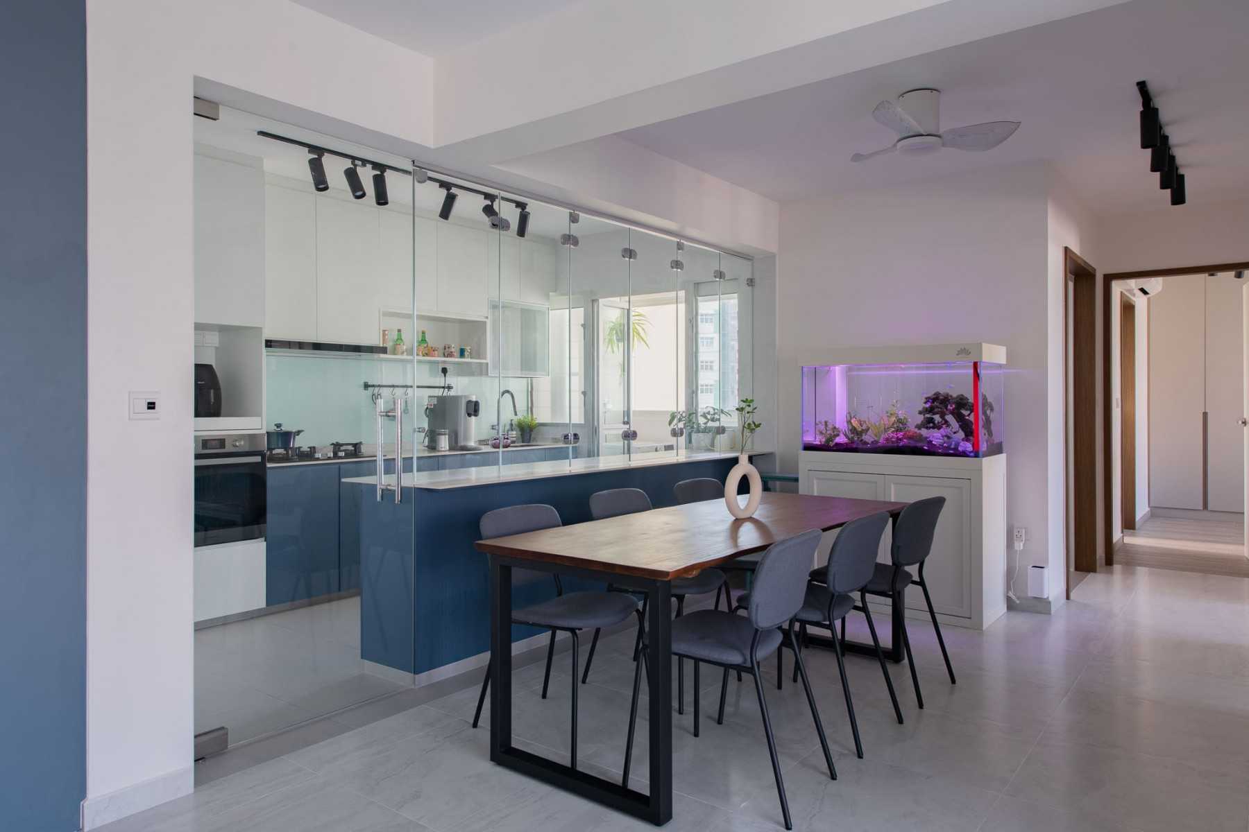 Contemporary Dining Room with Glass Door and Dining Table