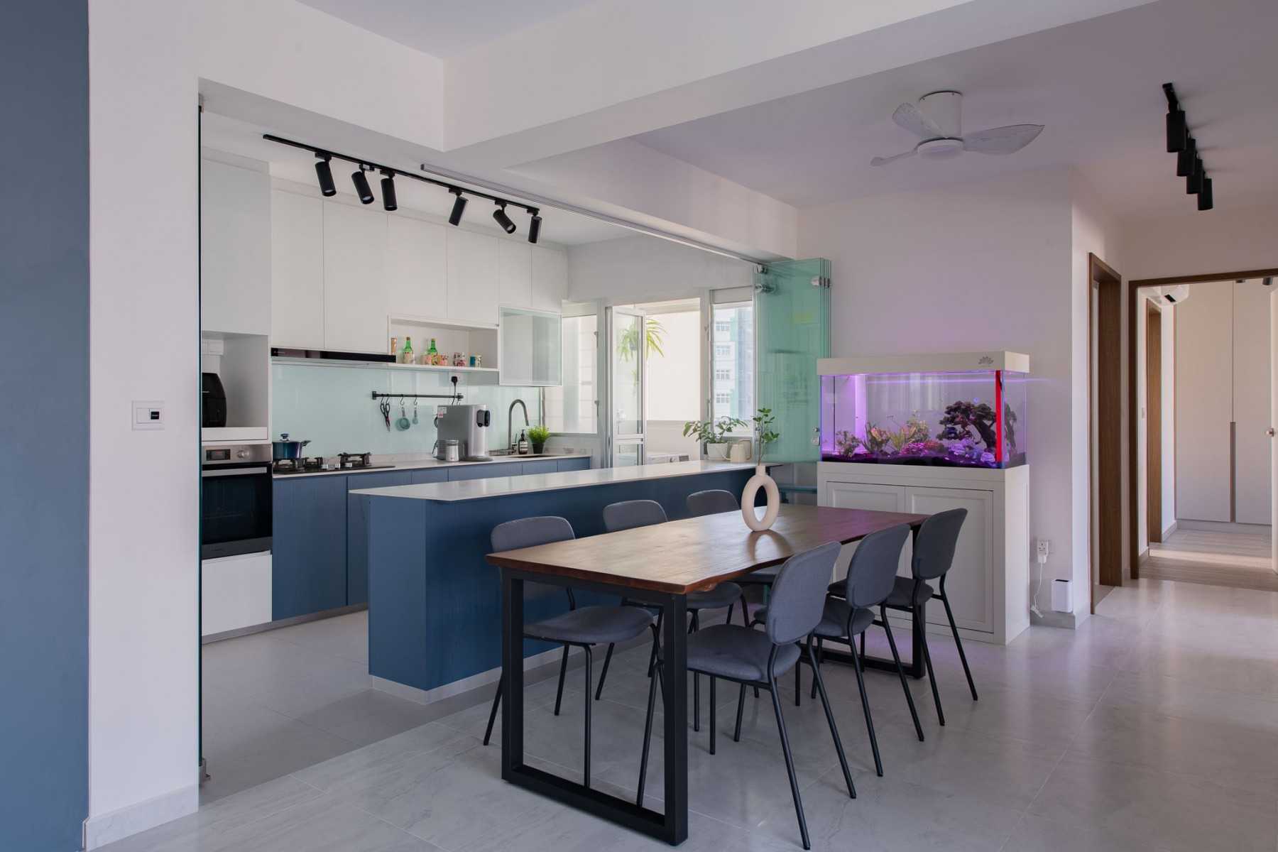 Contemporary Dining Room with Kitchen Island and Glass Door