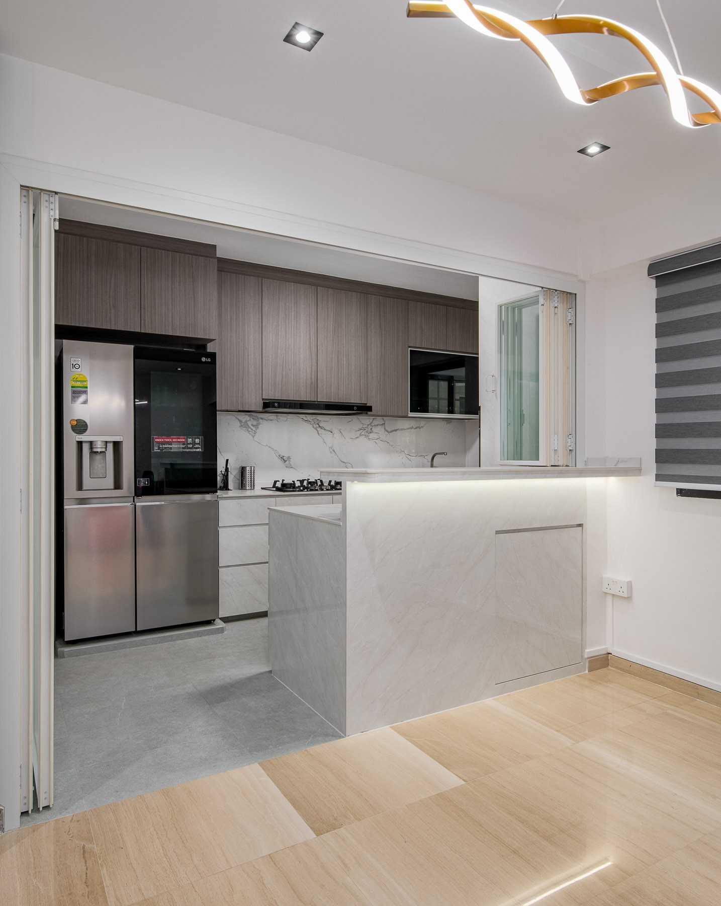 Contemporary Dining Room with Drop Ceiling and Chandelier