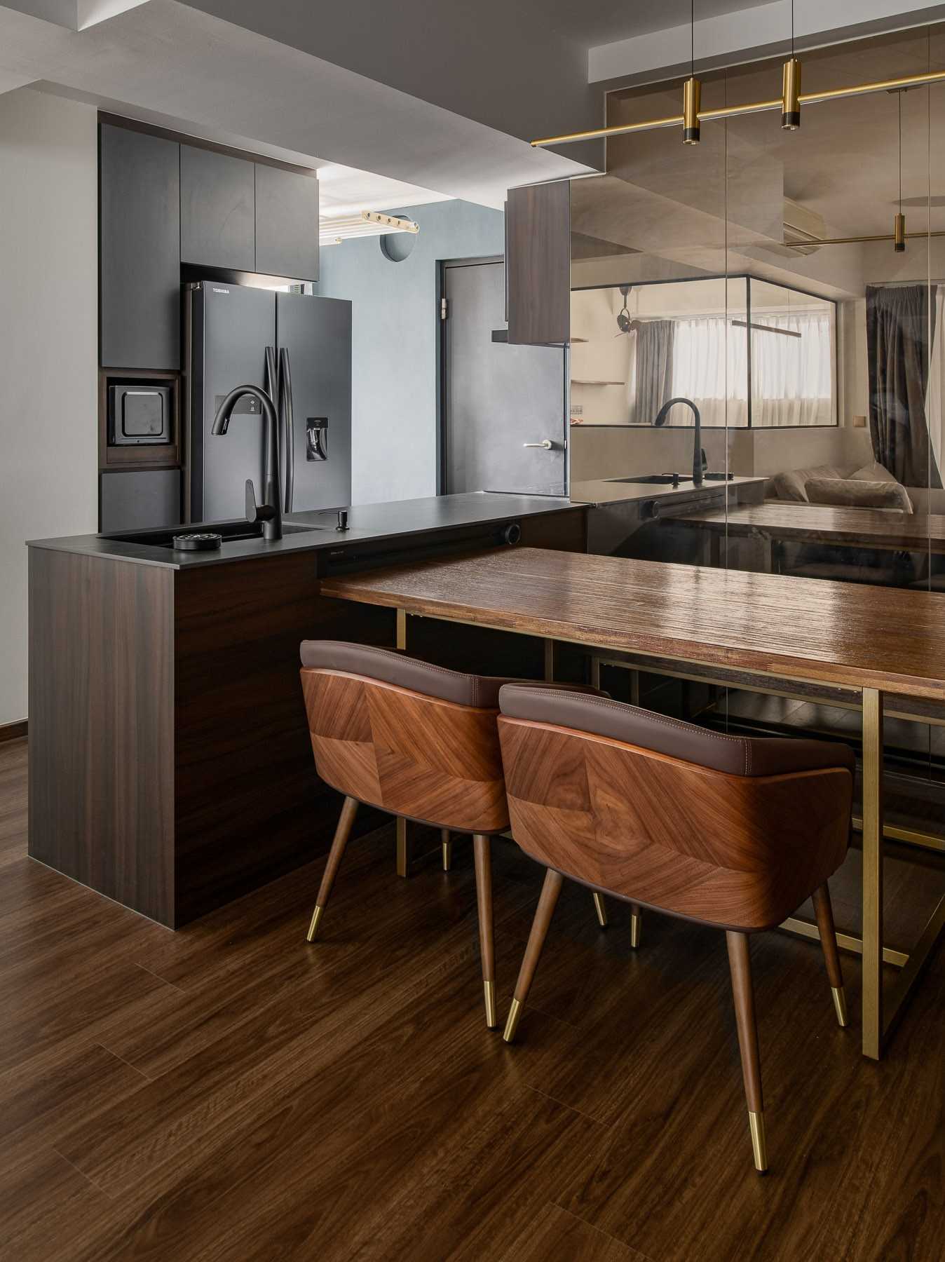Contemporary Dining Room with Drop Ceiling and Chandelier