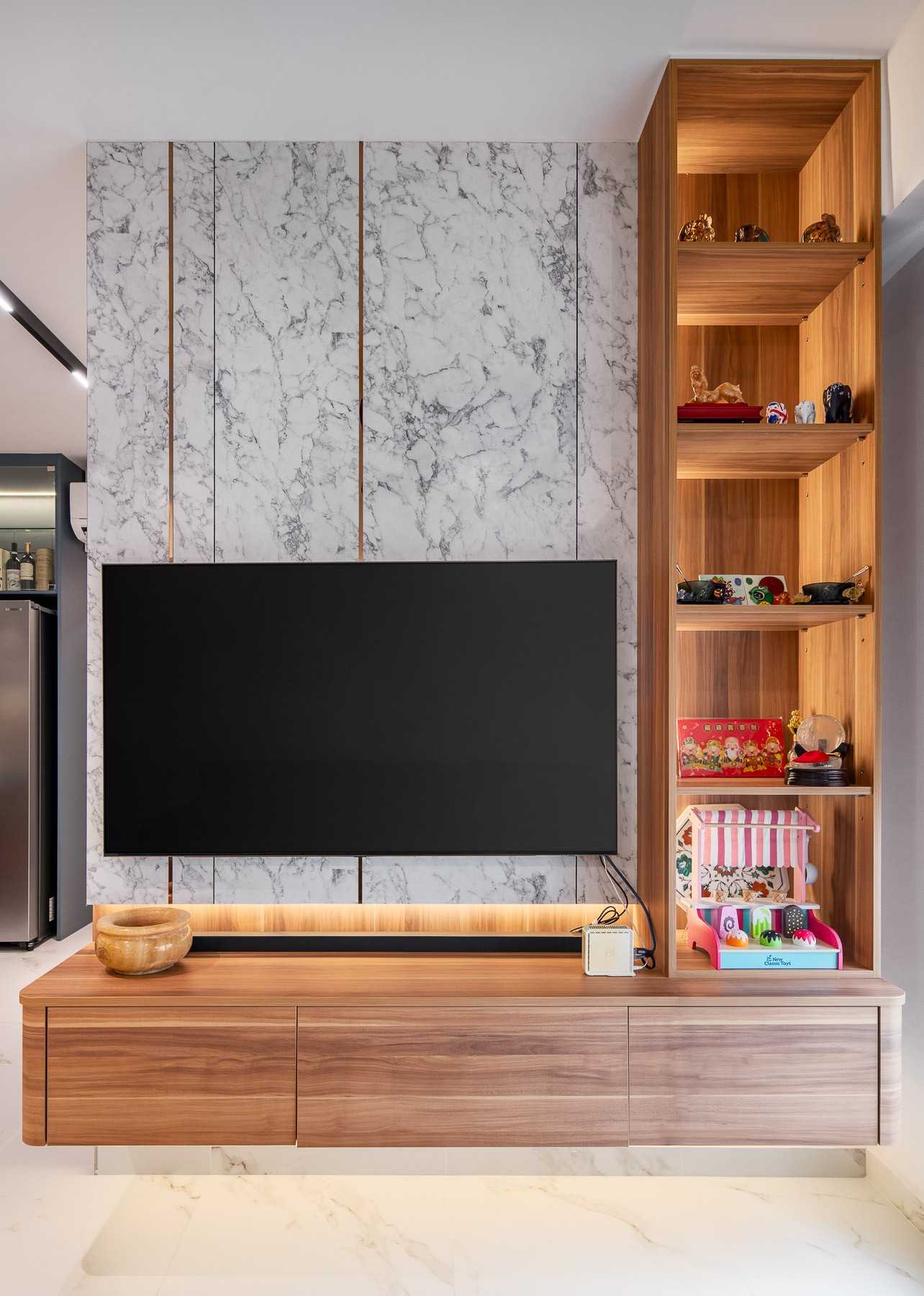 Scandinavian Living Room with TV Console and Feature Wall