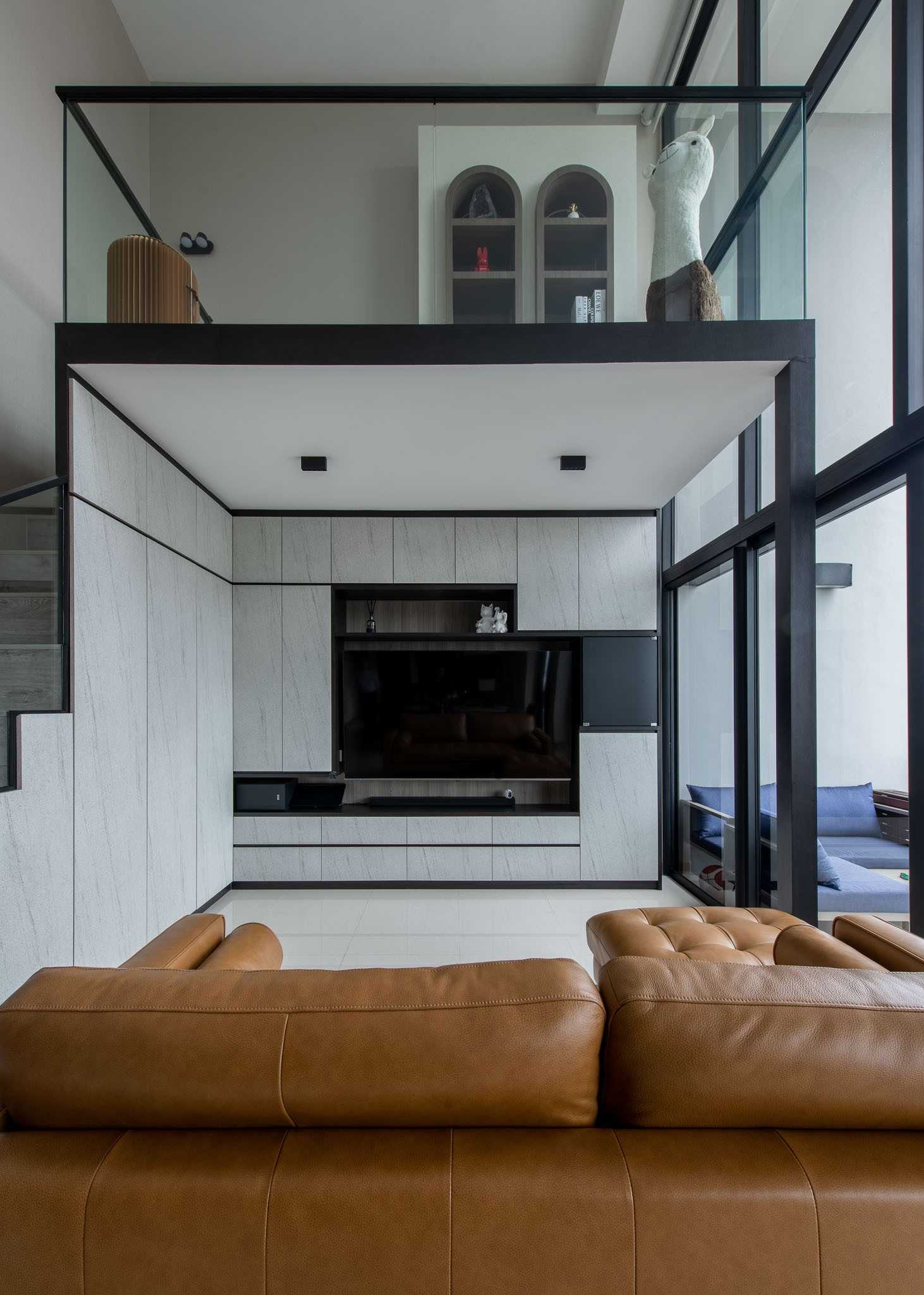 Modern Living Room with Bookshelf and TV Console