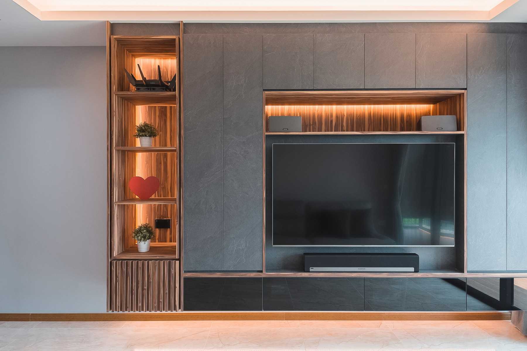 Contemporary Living Room with Bookshelf and TV Console