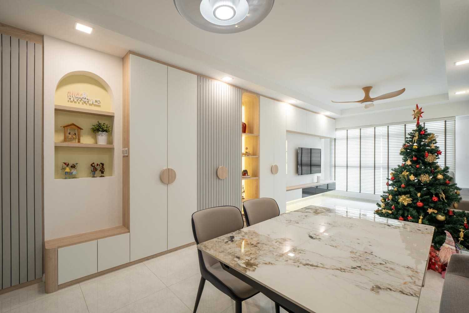 Modern Living Room with Homogeneous Tiles and TV Console