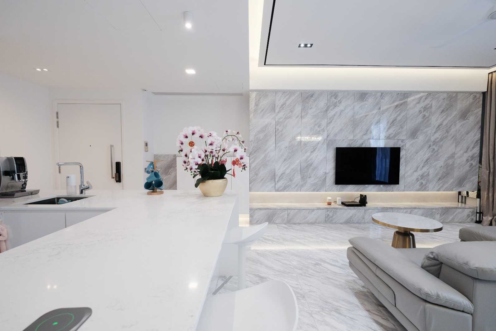 Modern Pantry with Kitchen Island and Tableware