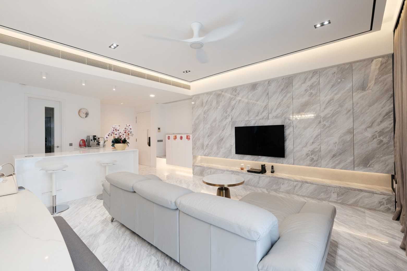 Modern Living Room with Marble Floor and Feature Wall