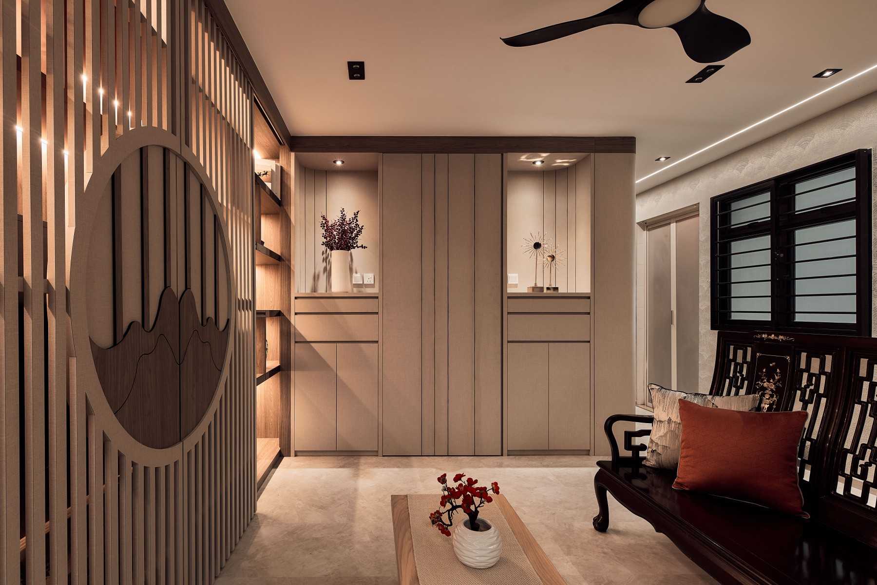 Transitional Living Room with Storage Cabinets and Display Cabinets
