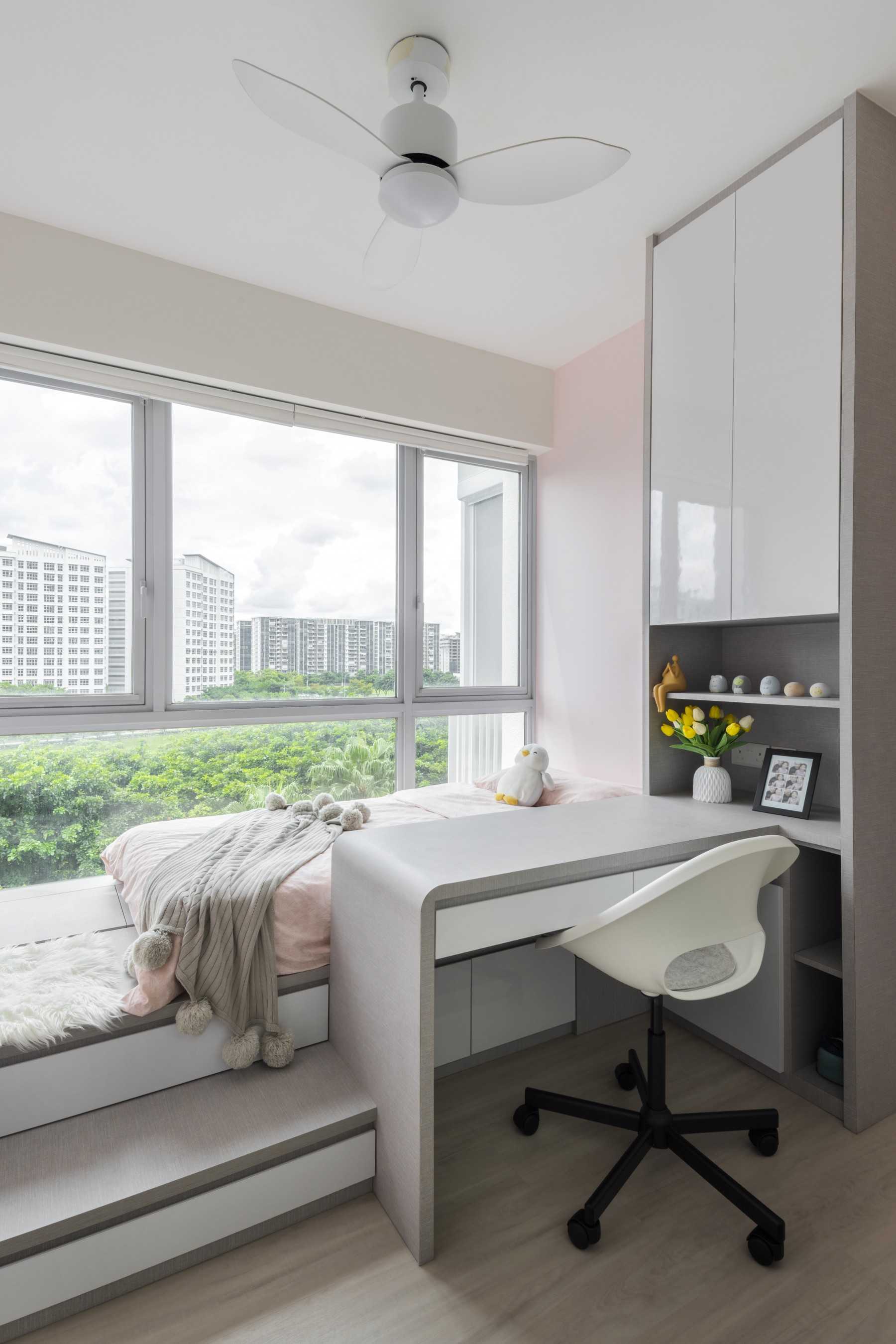 Modern Bedroom with Bookshelf and Platform Bed
