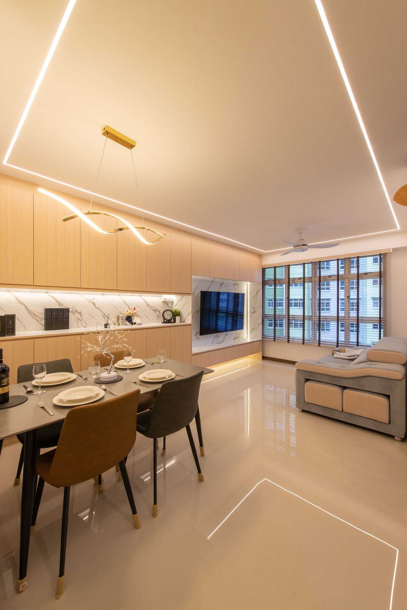 Modern Living Room with Cove Lighting and Dining Table
