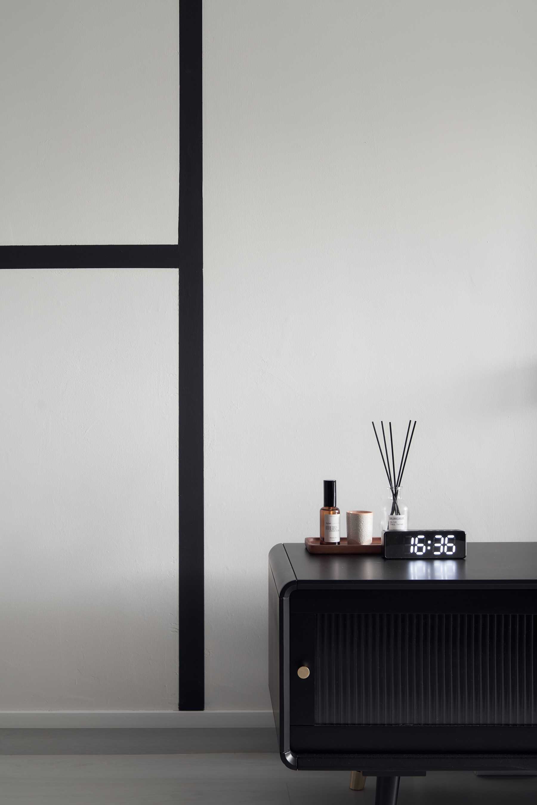 Asian Living Room with TV Console and Feature Wall