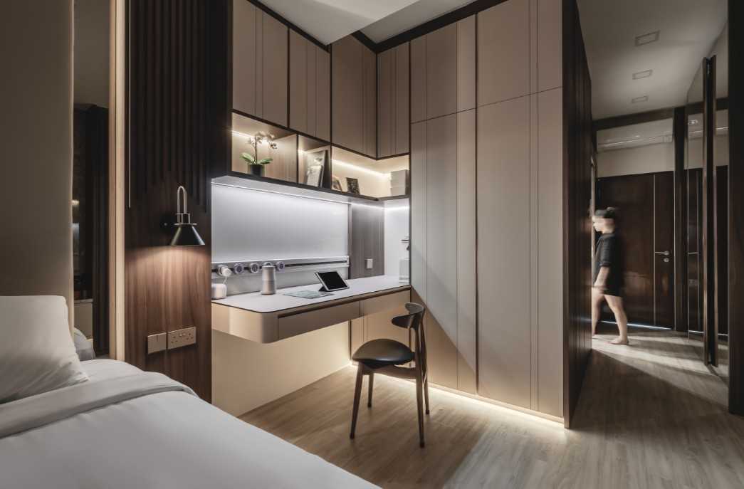 Modern Bedroom with Bookshelf and Vinyl Flooring