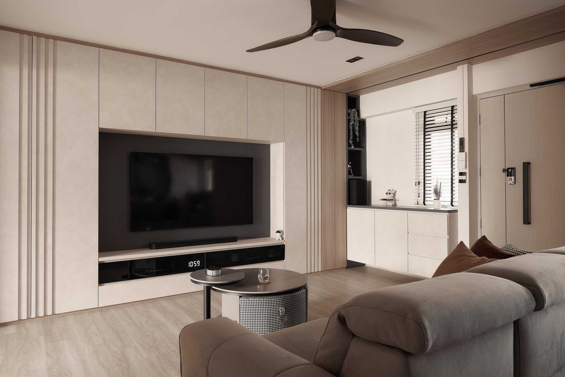 Scandinavian Living Room with TV Console and Feature Wall