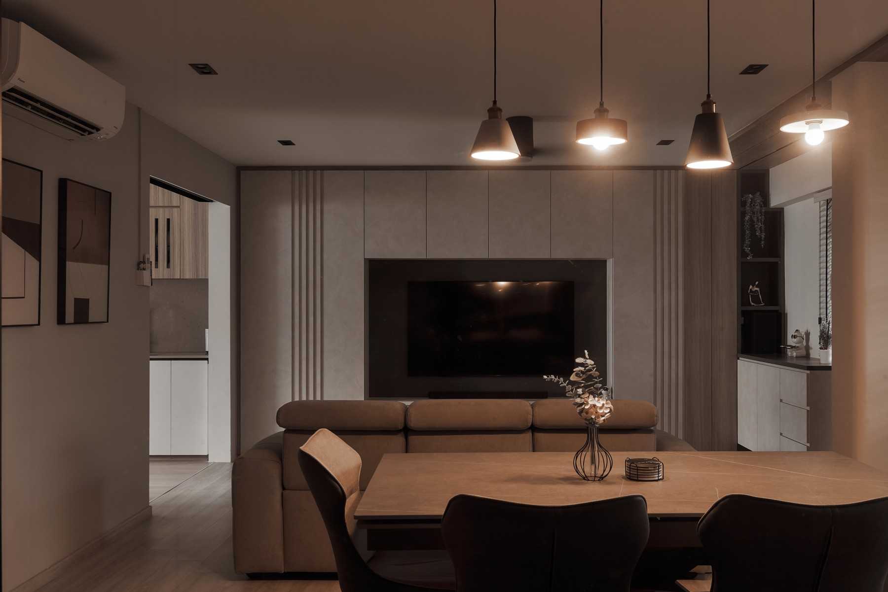 Scandinavian Dining Room with Drop Light and Dining Table
