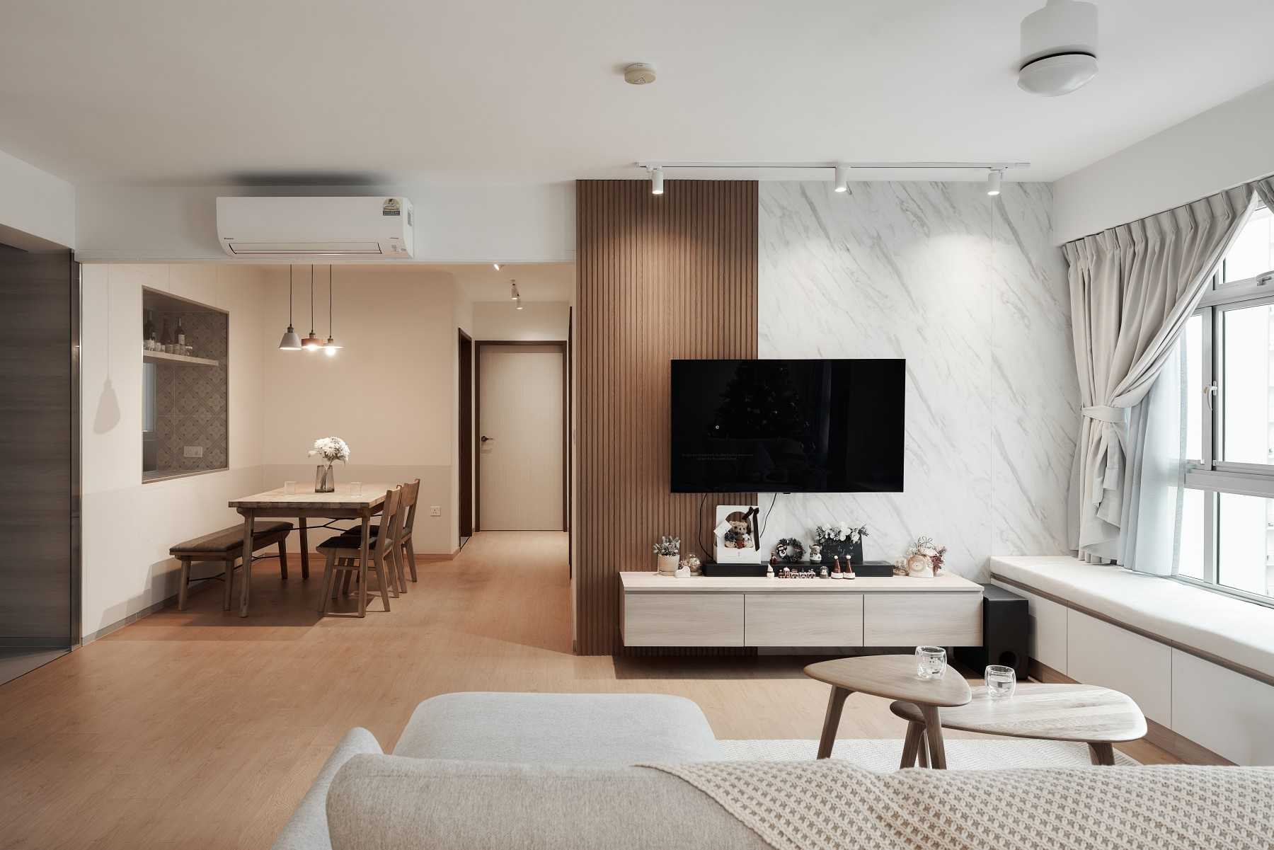 Scandinavian Living Room with TV Console and Feature Wall
