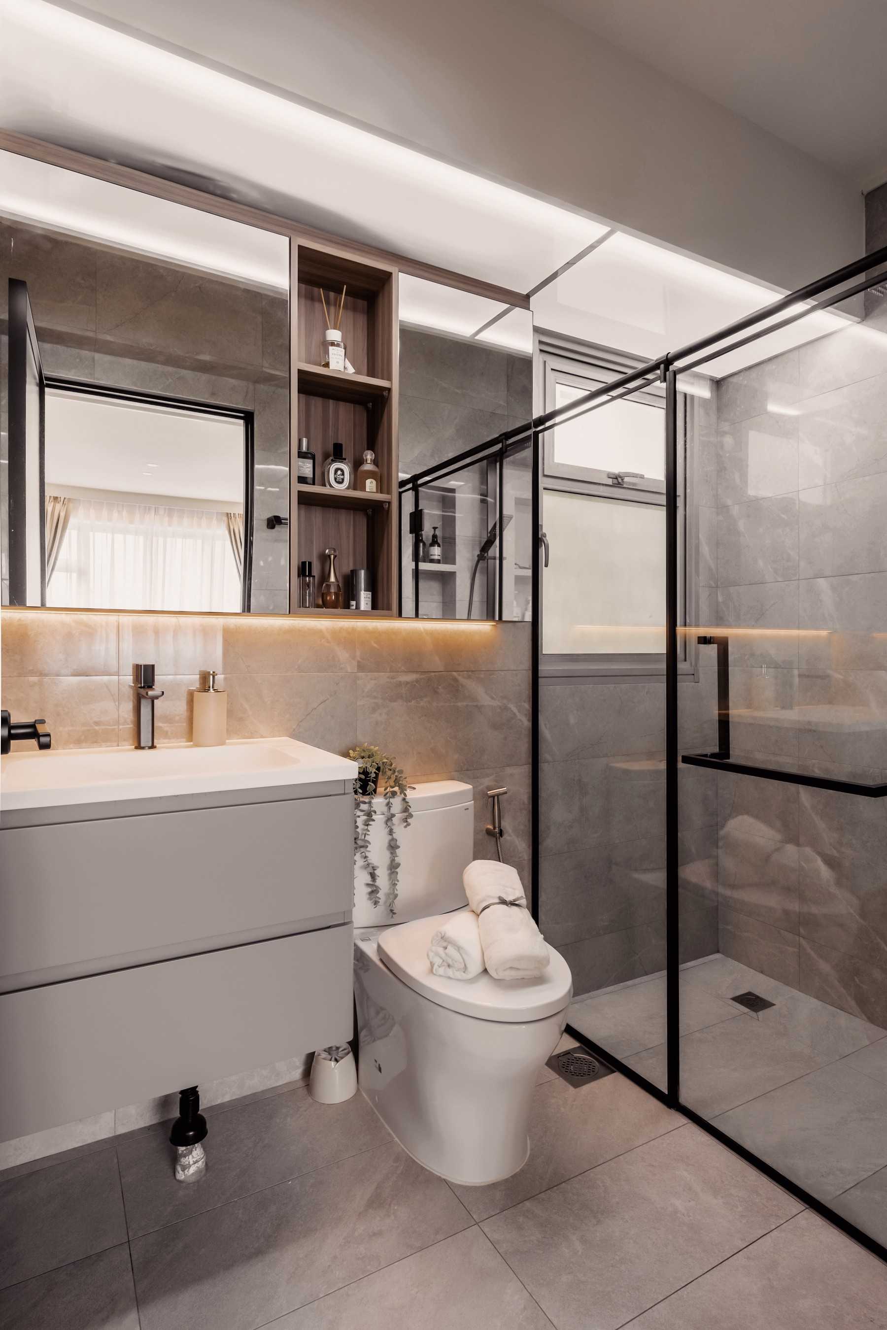 Minimalist Bathroom with Shower Screen and Bathroom Storage