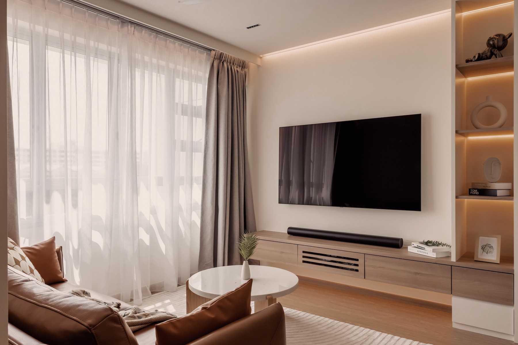 Minimalist Living Room with TV Console and Display Cabinets