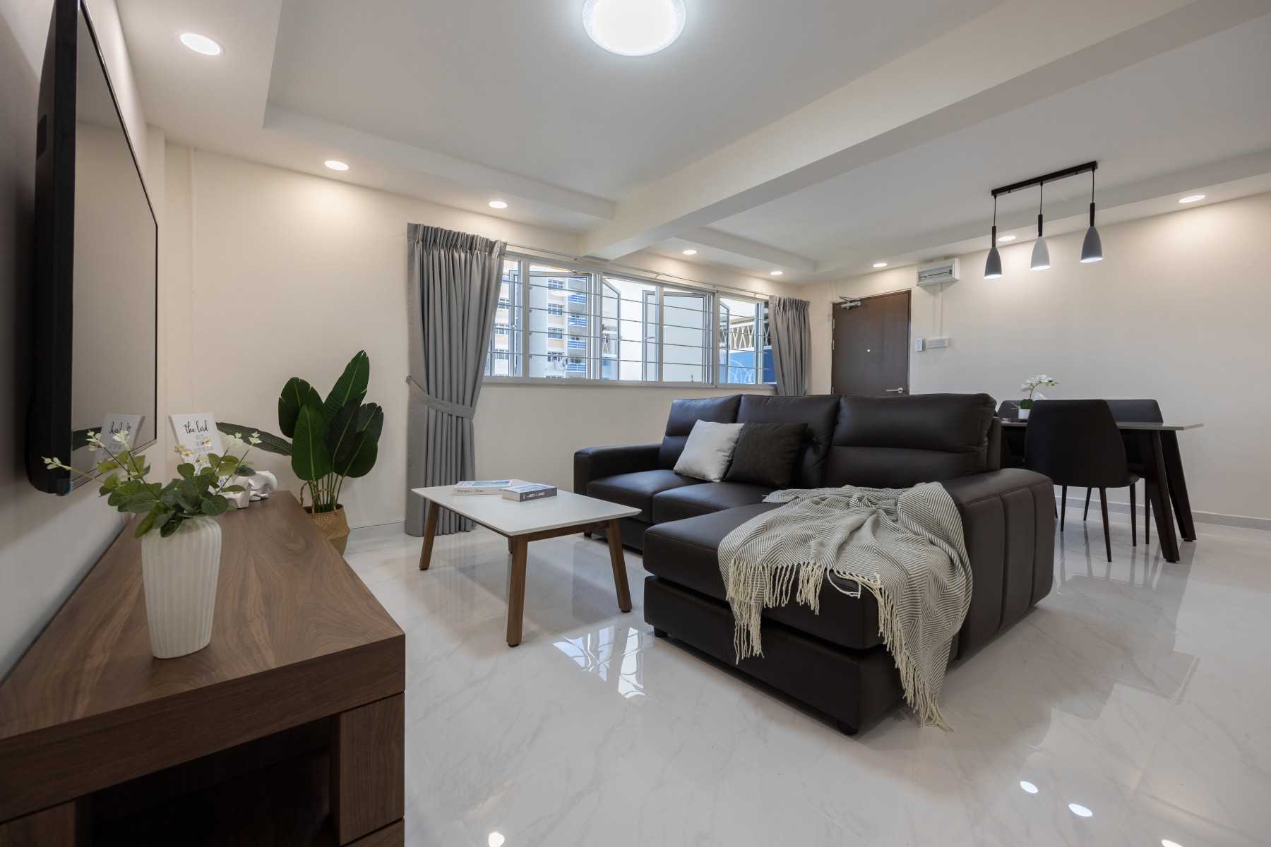 Contemporary Living Room with TV Console and Downlights