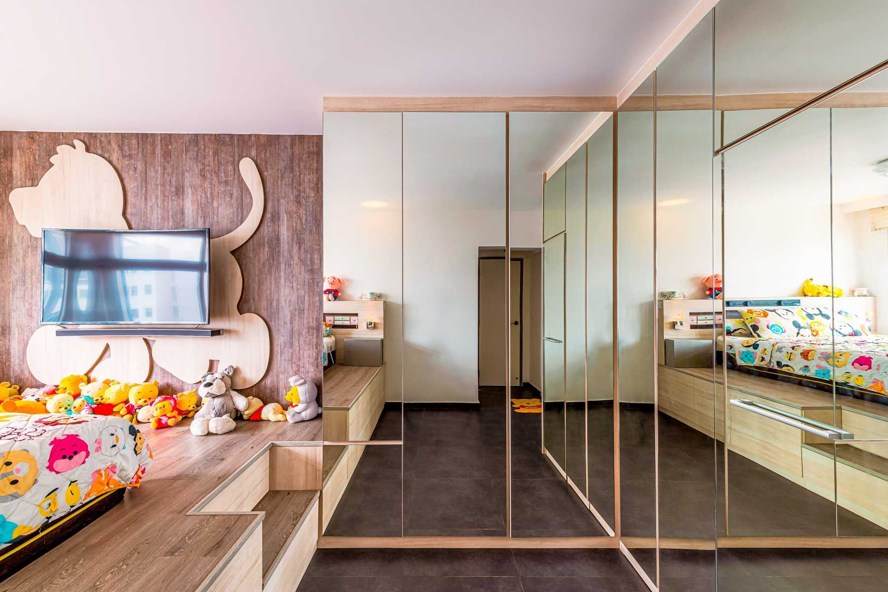 Scandinavian Bedroom with Mirror and Ceiling Light