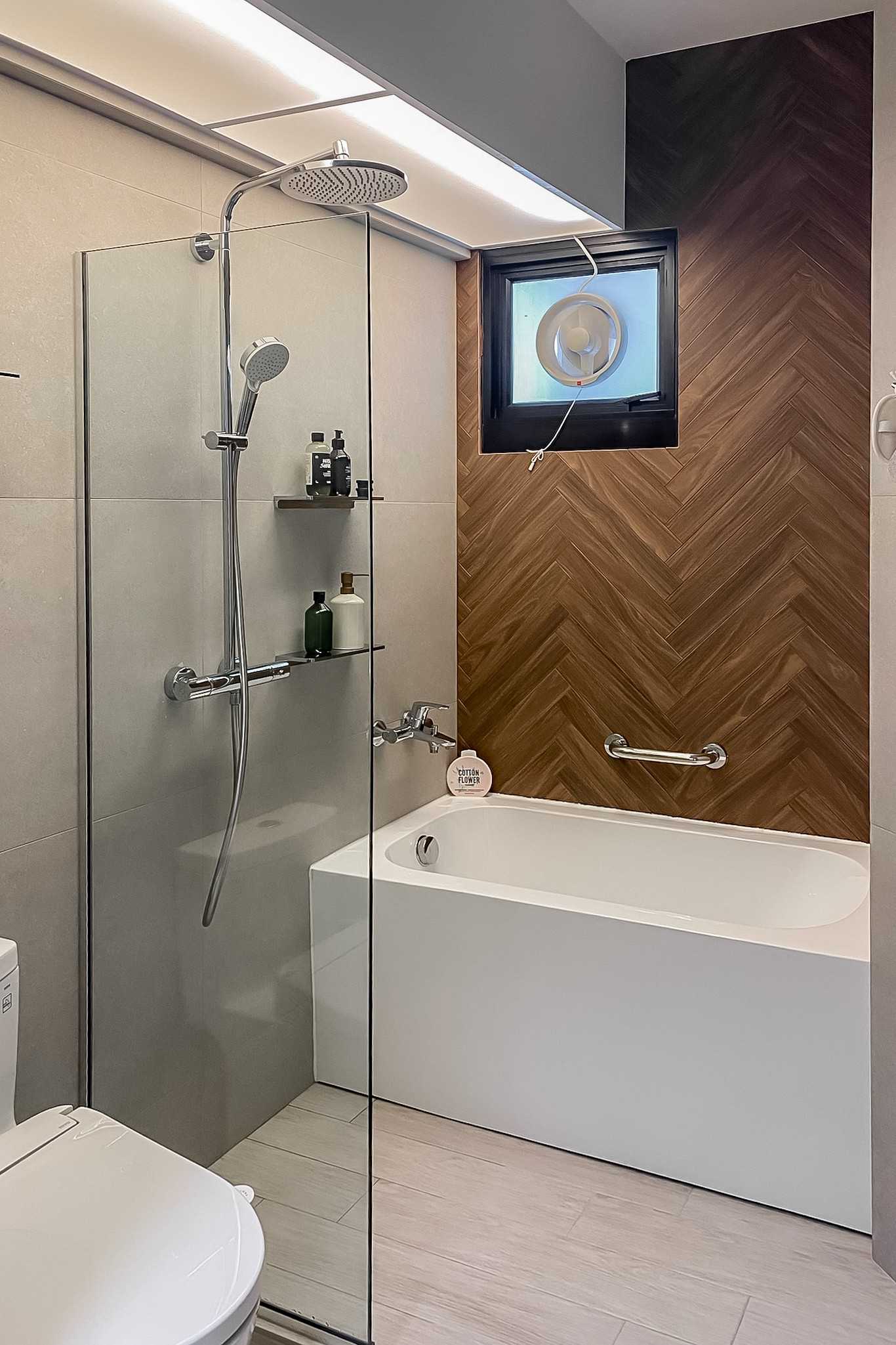 Scandinavian Bathroom with Bathtub and Rainshower