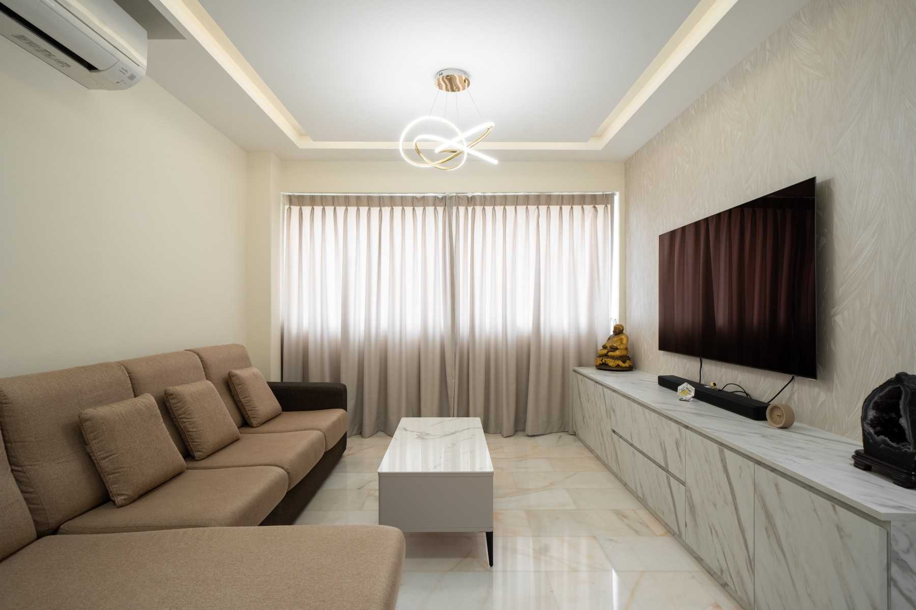 Contemporary Living Room with Feature Wall and Cove Lighting