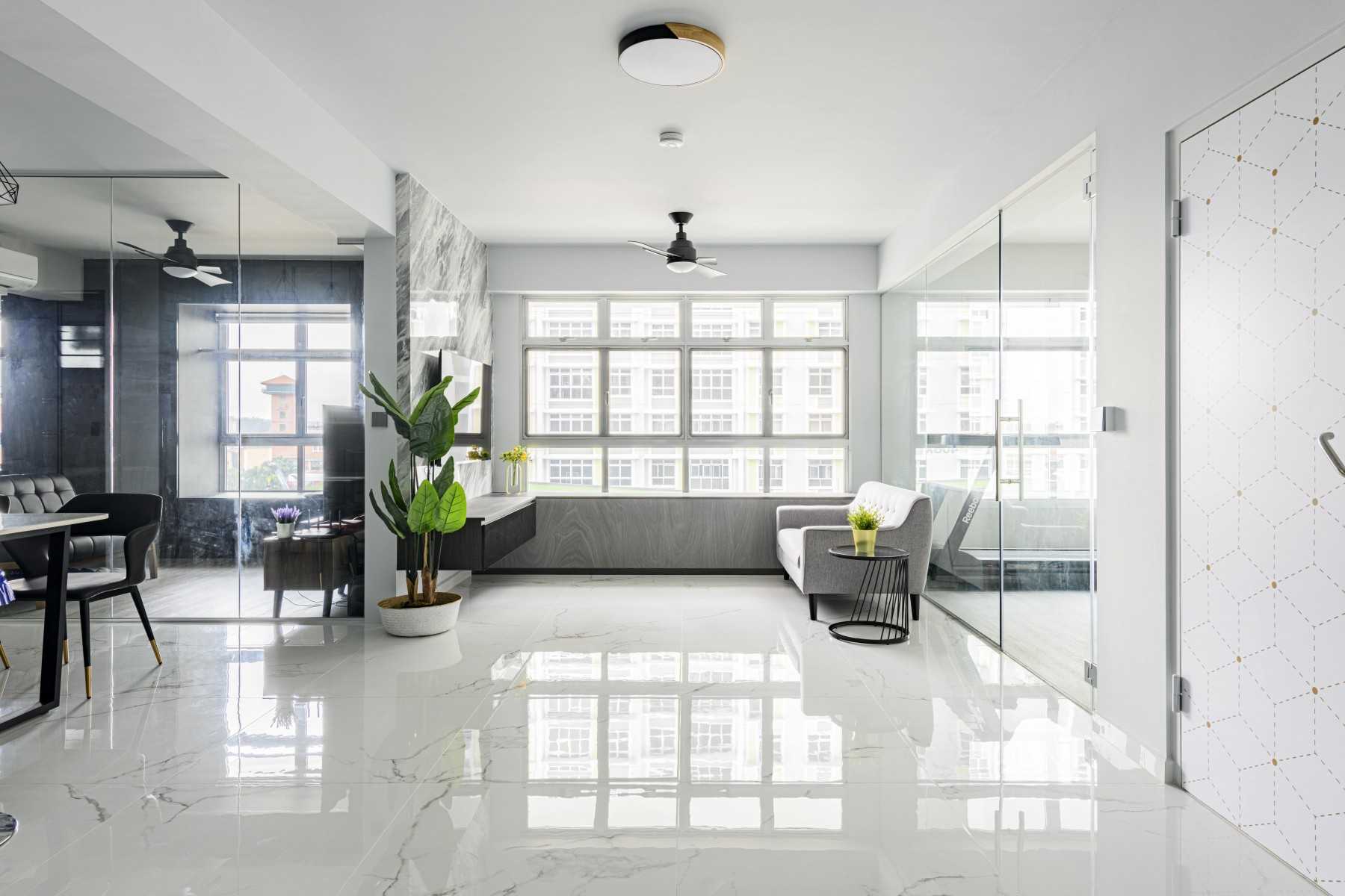 Minimalist Living Room with Marble Floor and Glass Door