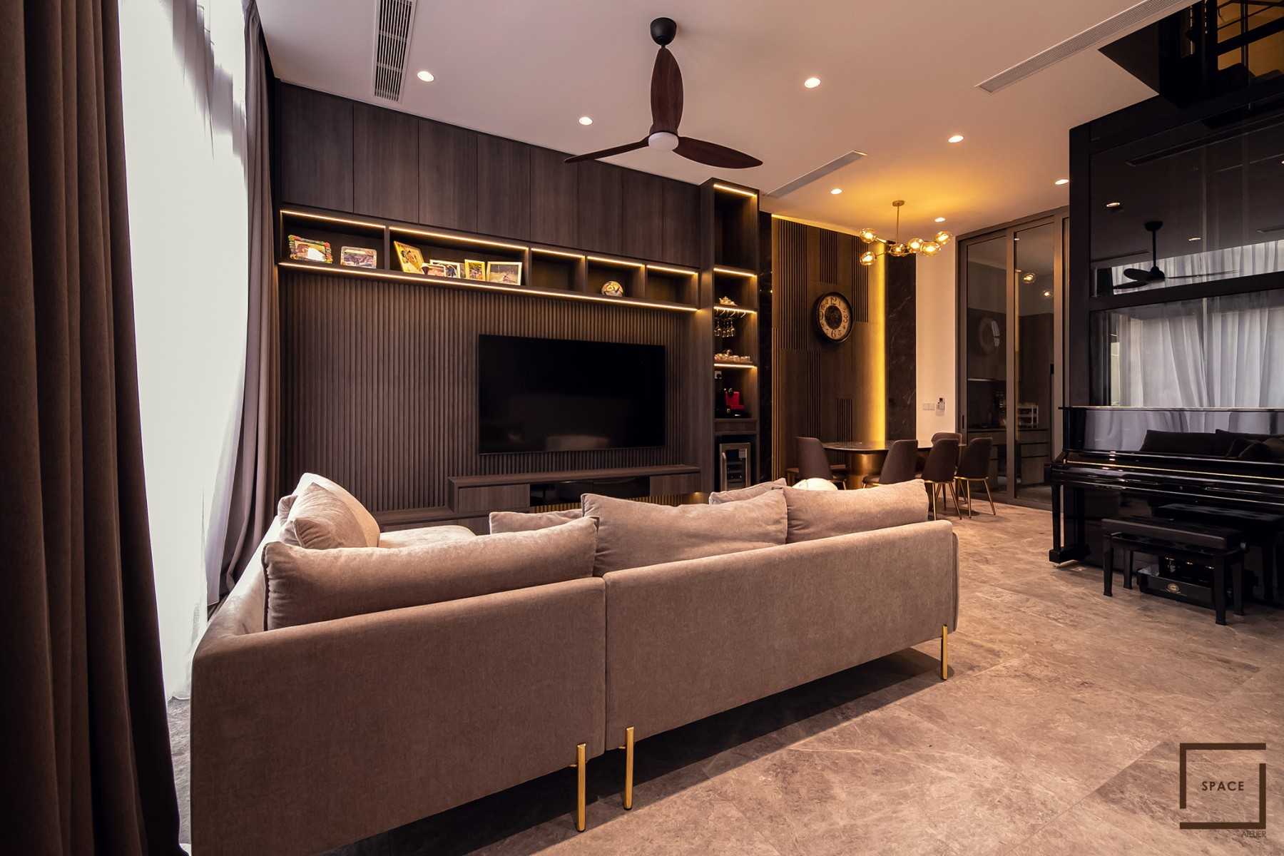 Contemporary Living Room with TV Console and Feature Wall