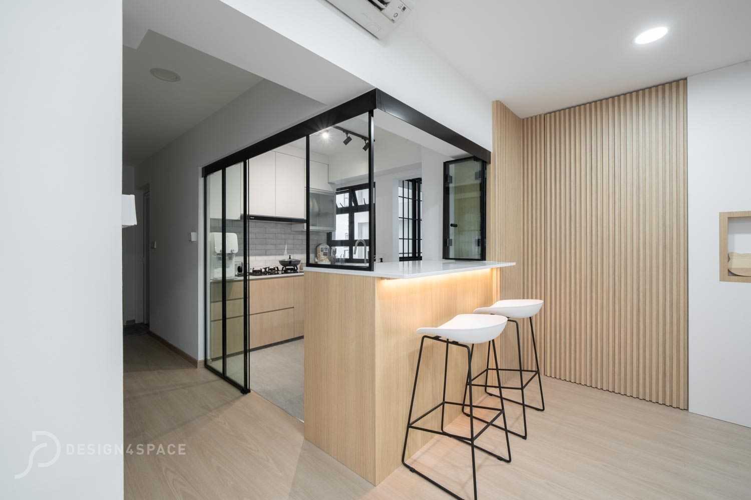 Scandinavian Kitchen with Countertop and Wood Flooring