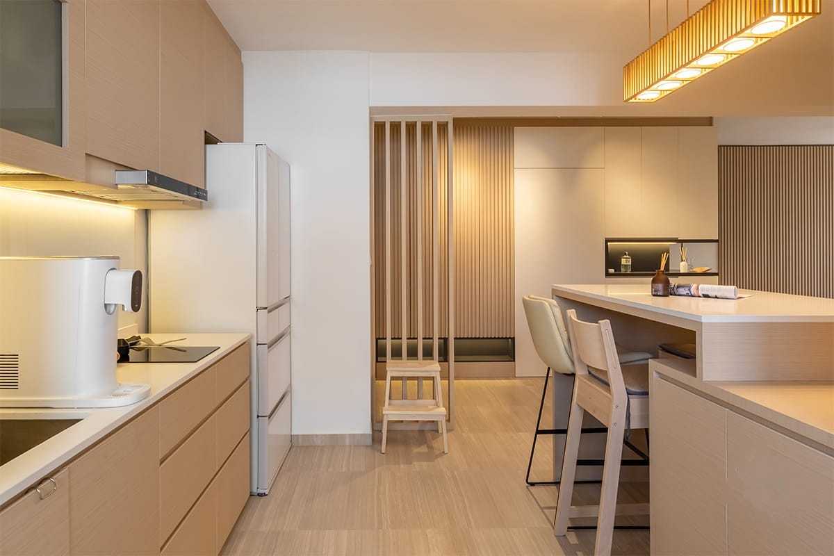 Asian Kitchen with Countertop and Homogeneous Tiles