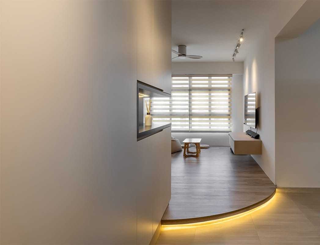 Asian Living Room with TV Console and Roller Blinds