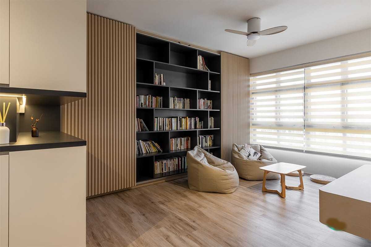Asian Living Room with Bookshelf and Coffee Table