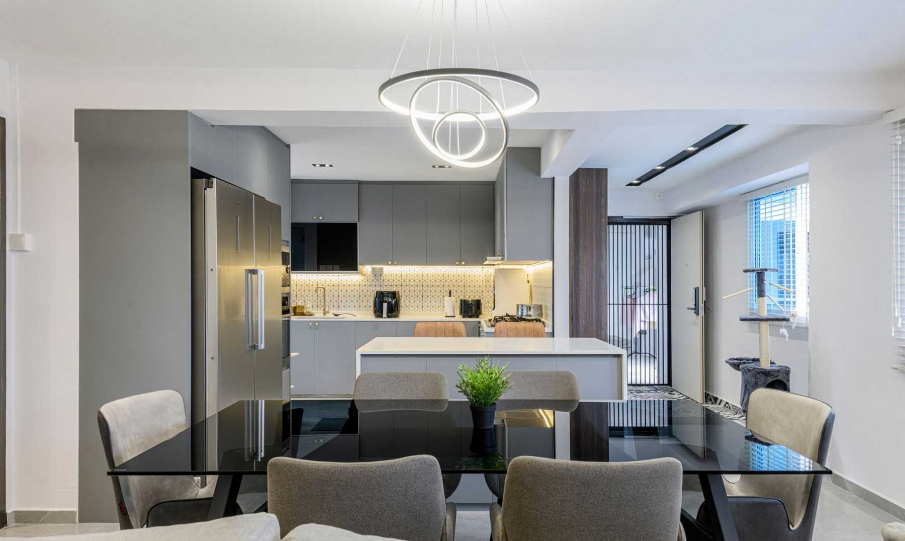 Modern Living Room with Drop Ceiling and Kitchen Cabinets