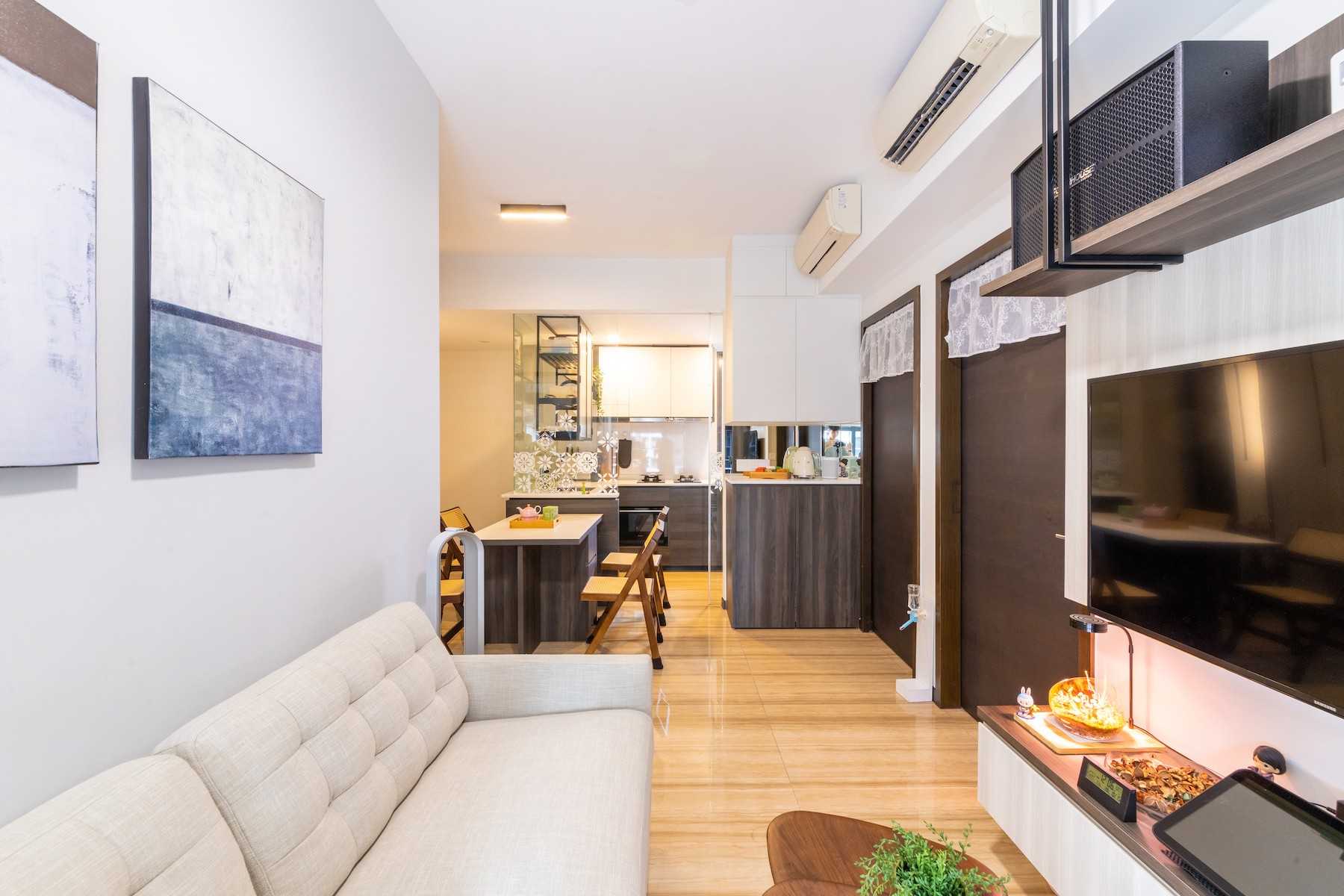 Contemporary Living Room with Bookshelf and TV Console