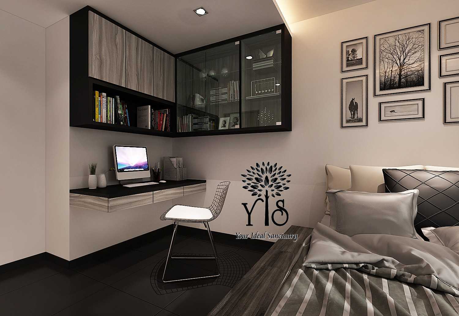 Contemporary Bedroom with Bookshelf and Platform Bed