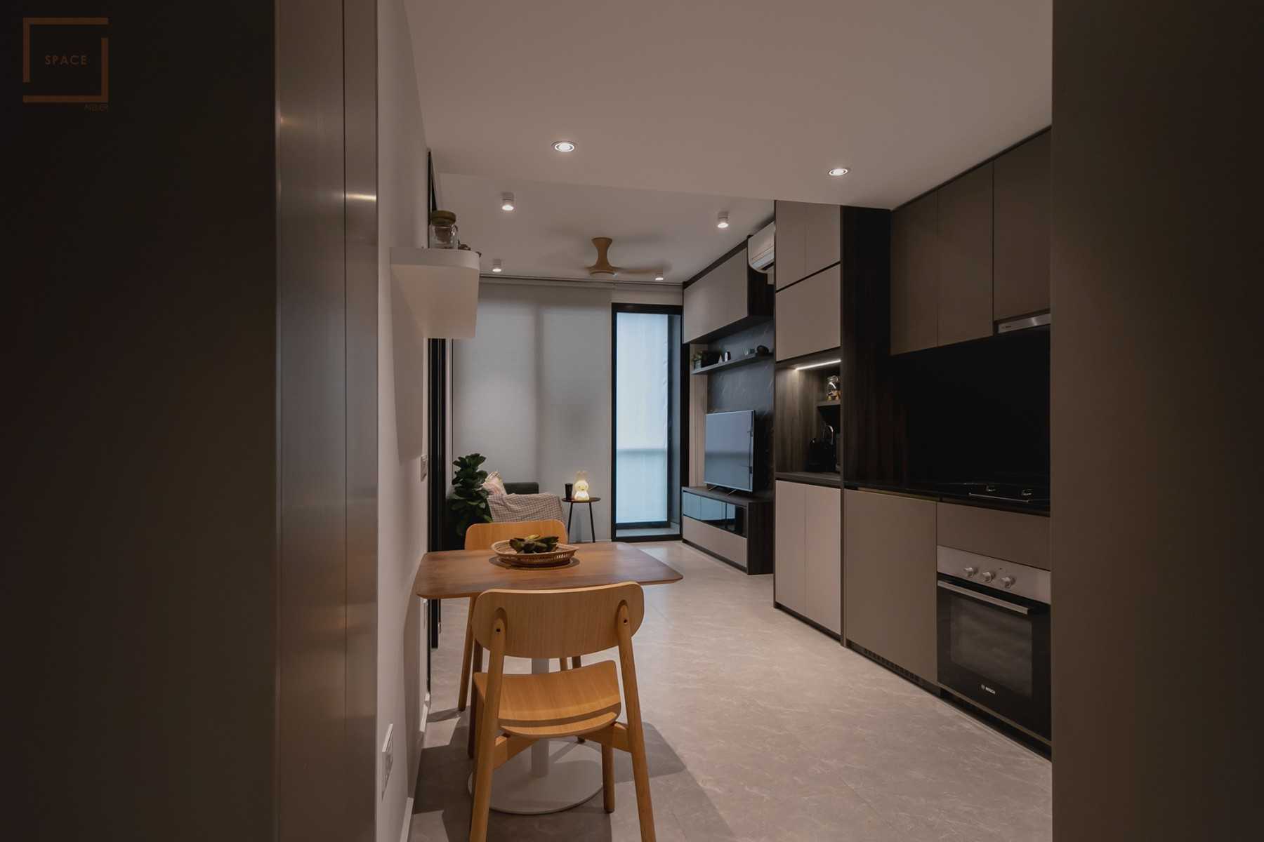 Minimalist Living Room with Homogeneous Tiles and TV Console