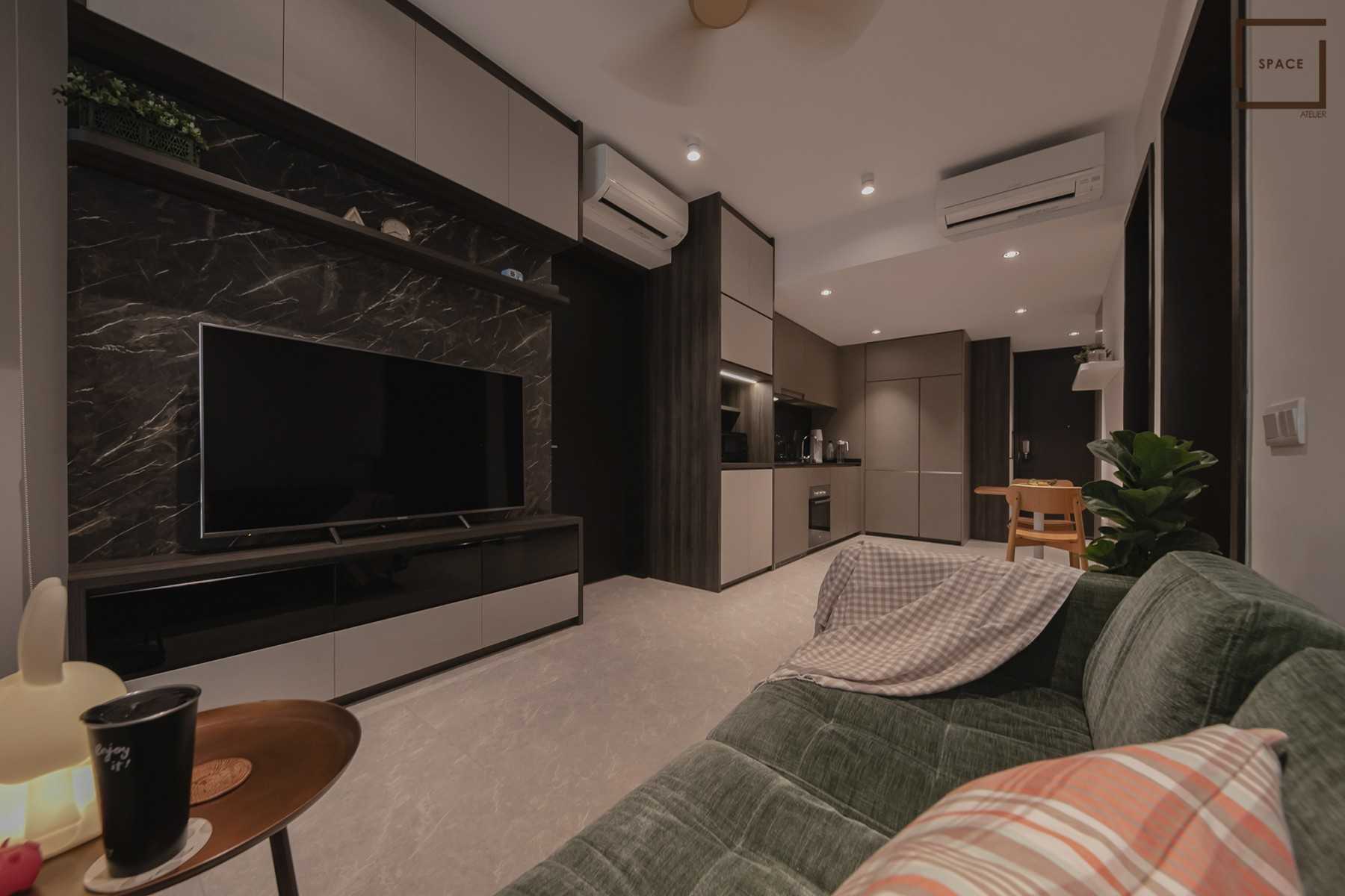 Minimalist Living Room with Homogeneous Tiles and TV Console