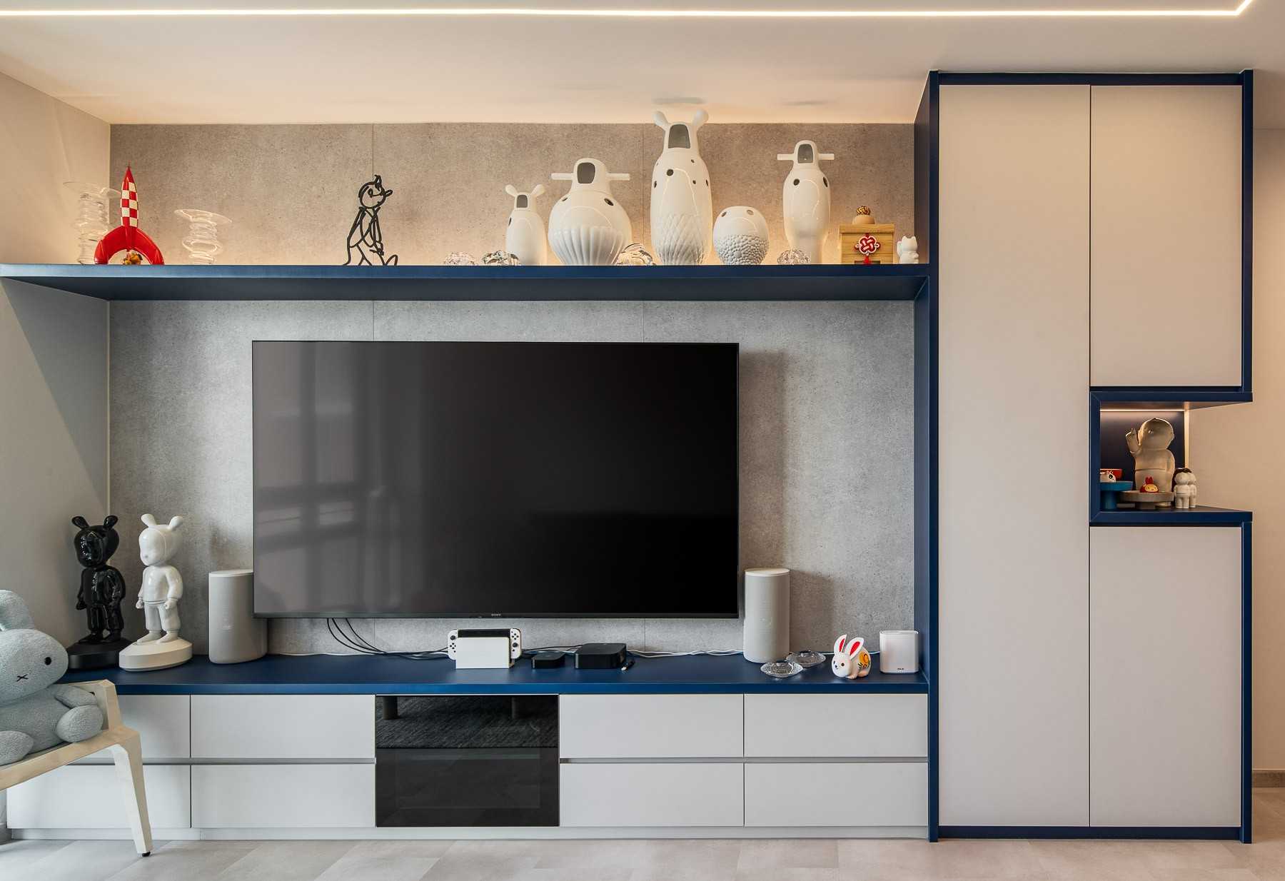 Scandinavian Living Room with TV Console and Feature Wall