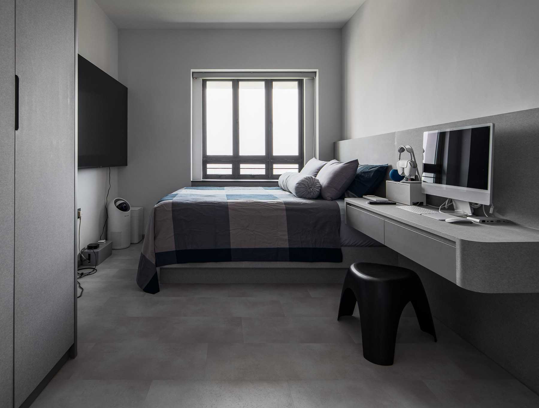 Scandinavian Bedroom with Platform Bed and Vinyl Flooring