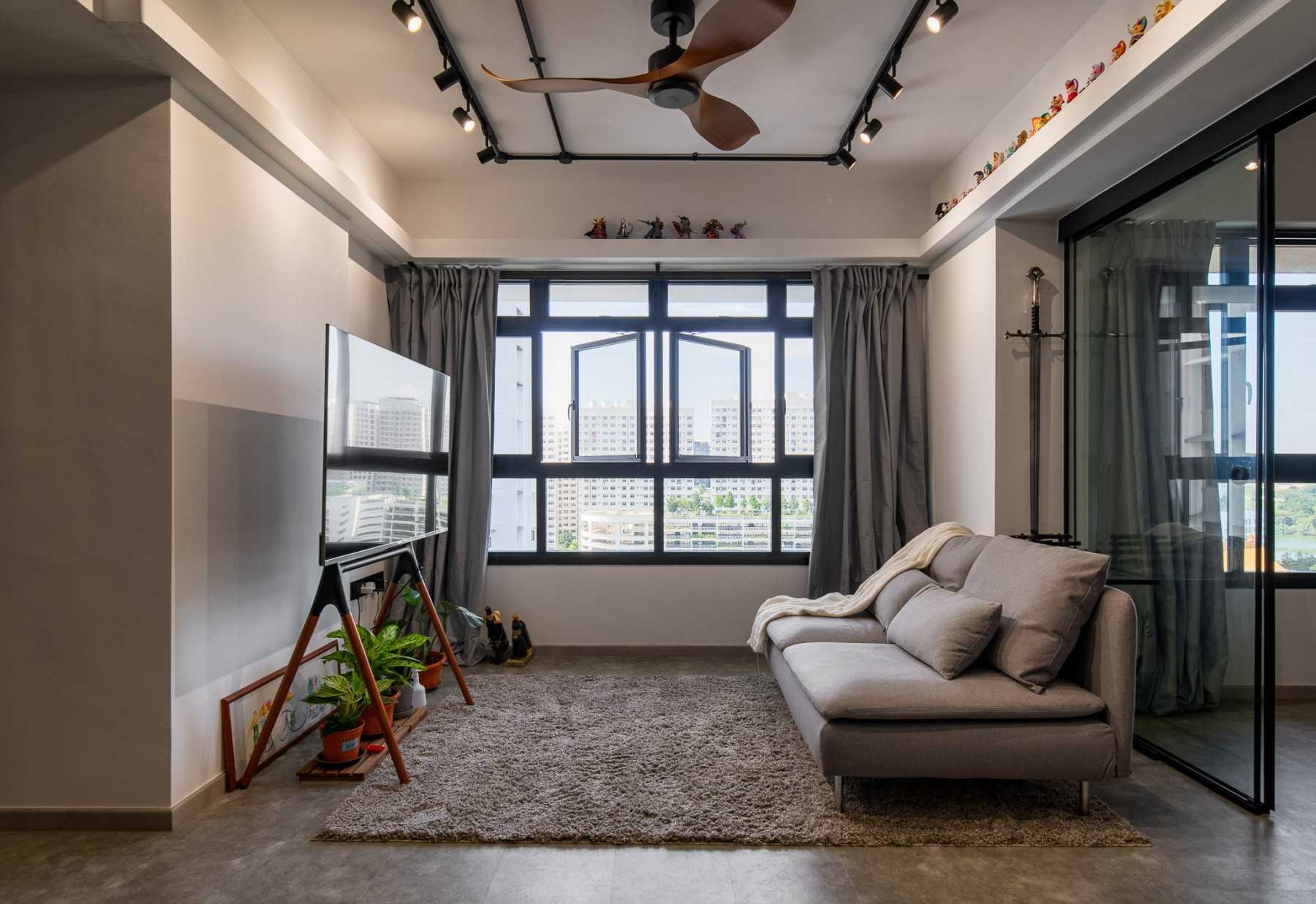 Modern Living Room with Bookshelf and Vinyl Flooring
