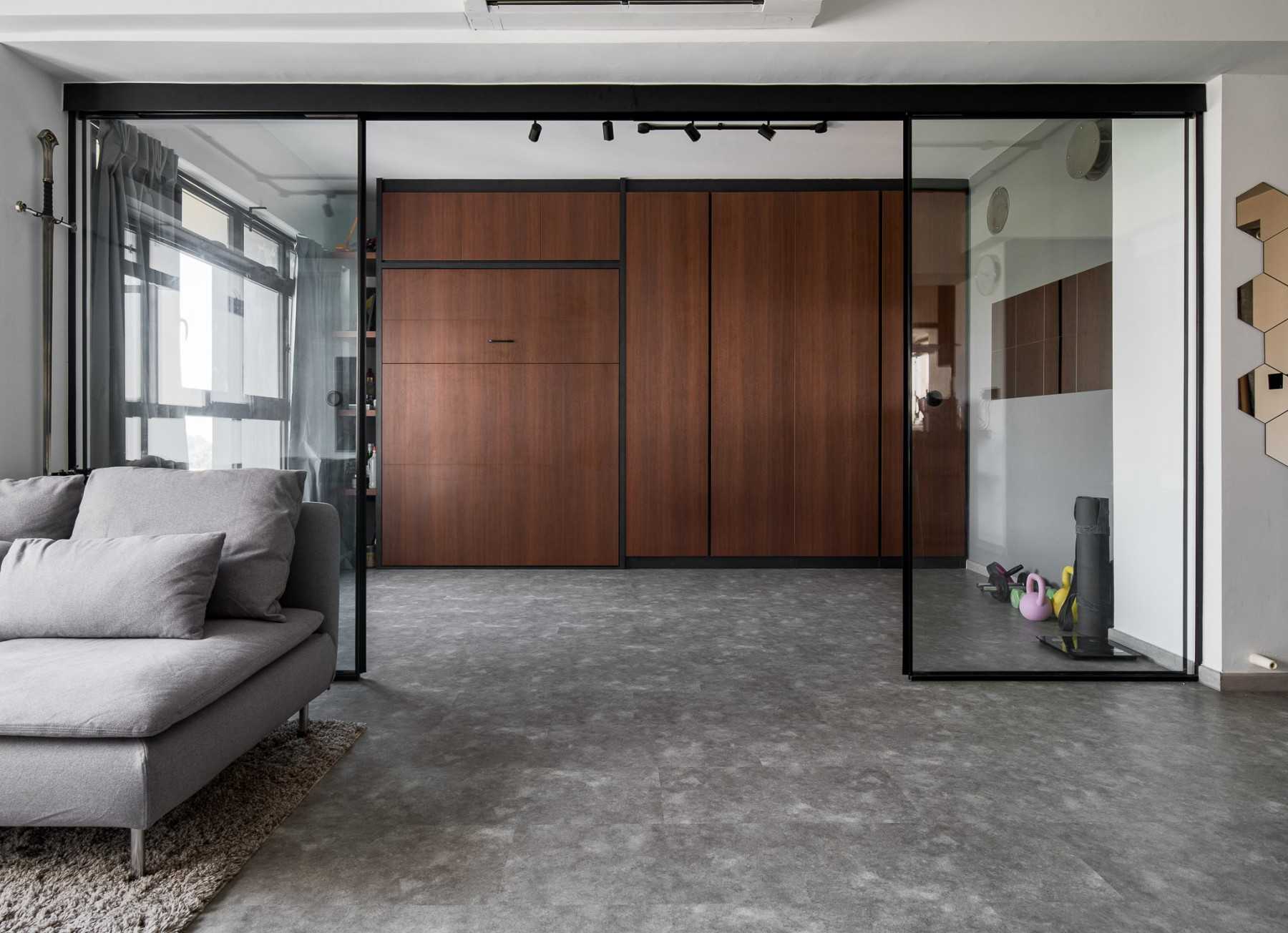 Modern Living Room with Bookshelf and Vinyl Flooring