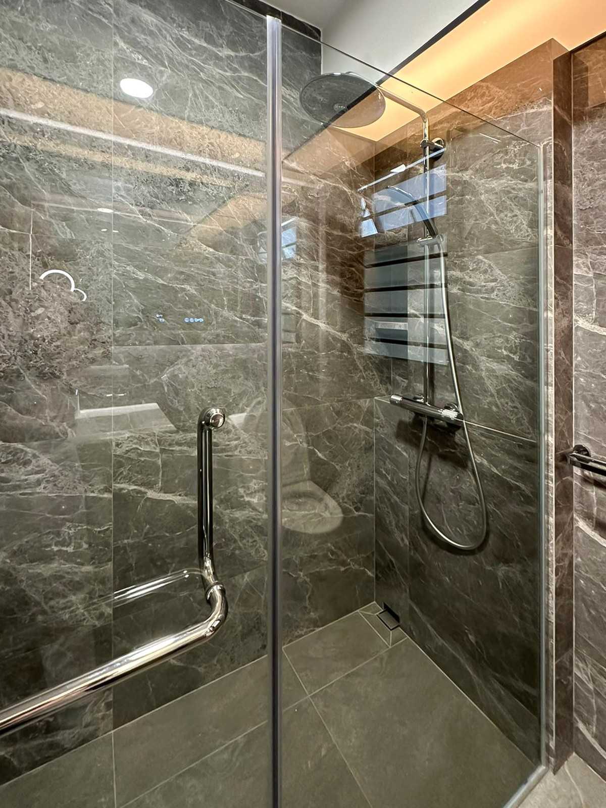 Scandinavian Bathroom with Feature Wall and Shower Screen