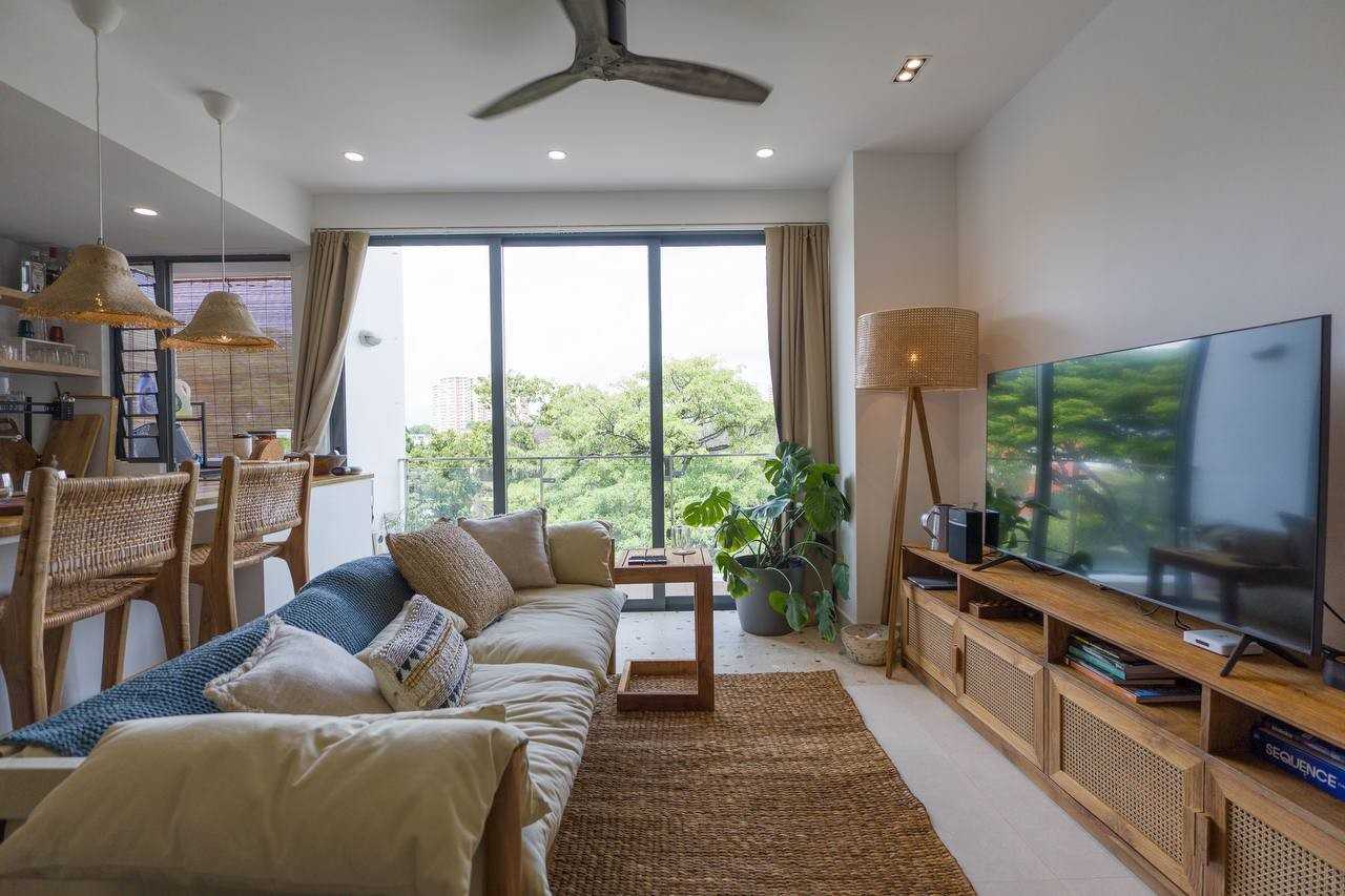 Scandinavian Living Room with Marble Floor and TV Console